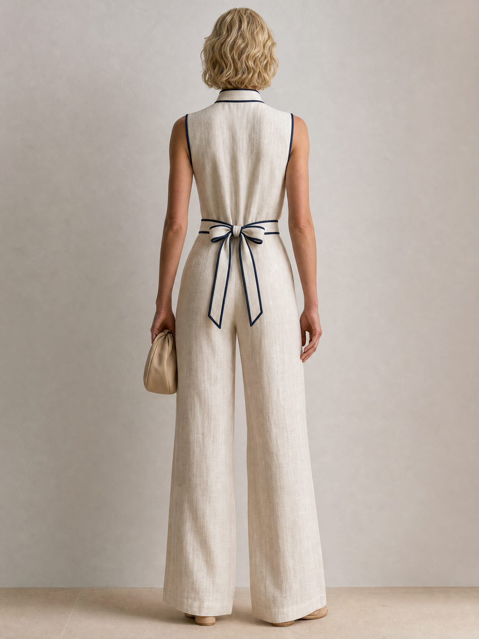 Off-white Sleeveless Mandarin-collar Set With Linen Piping