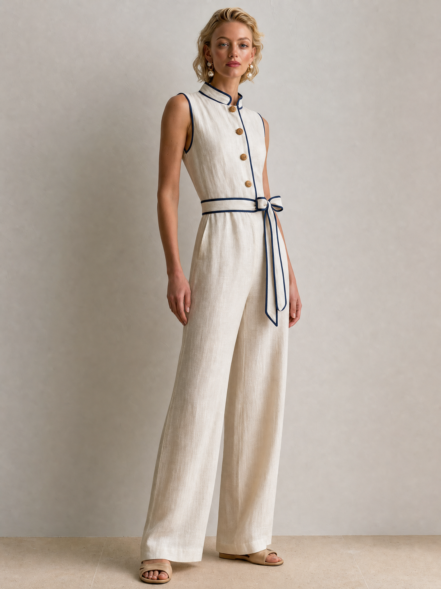 Off-white Sleeveless Mandarin-collar Set With Linen Piping