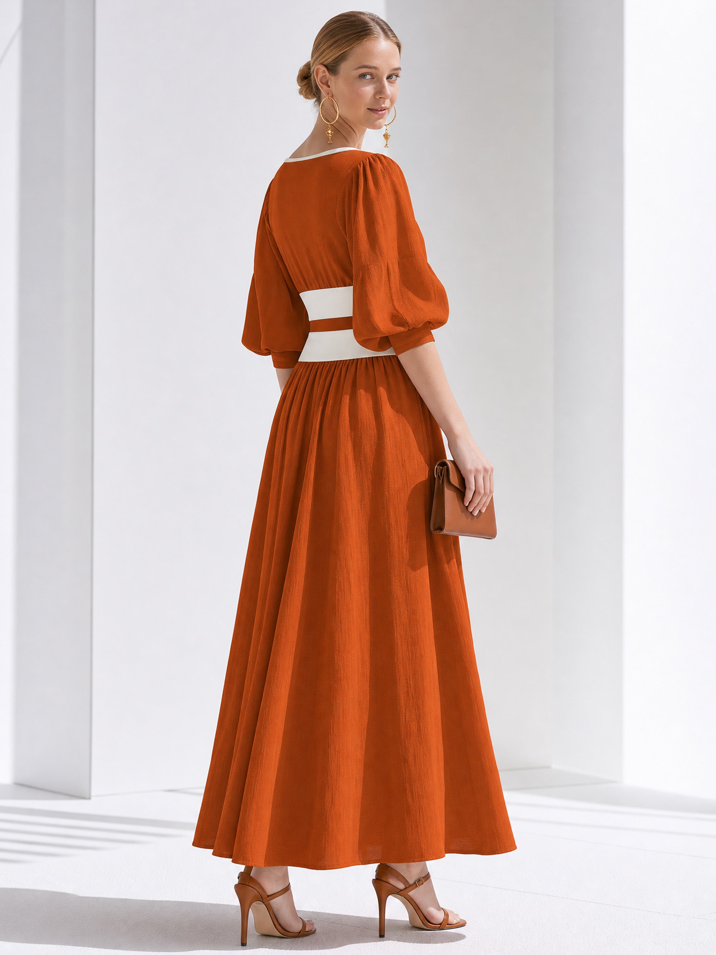 Elegant Warm Tangerine Contrast Waist Deep V Flowy Midi Dress