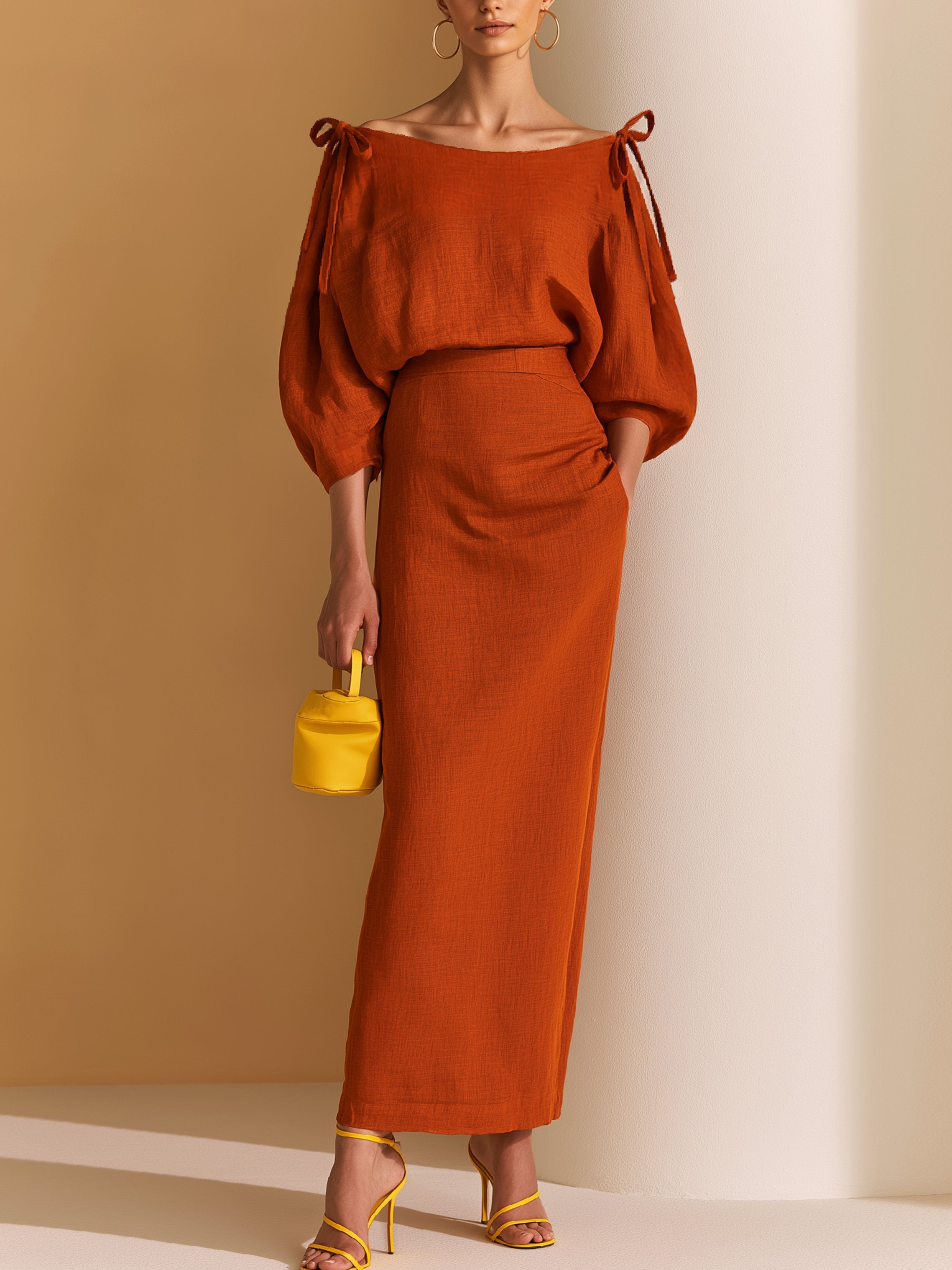 Elegant Pumpkin Orange Cold Shoulder Puff Sleeve Linen Midi Co-ord