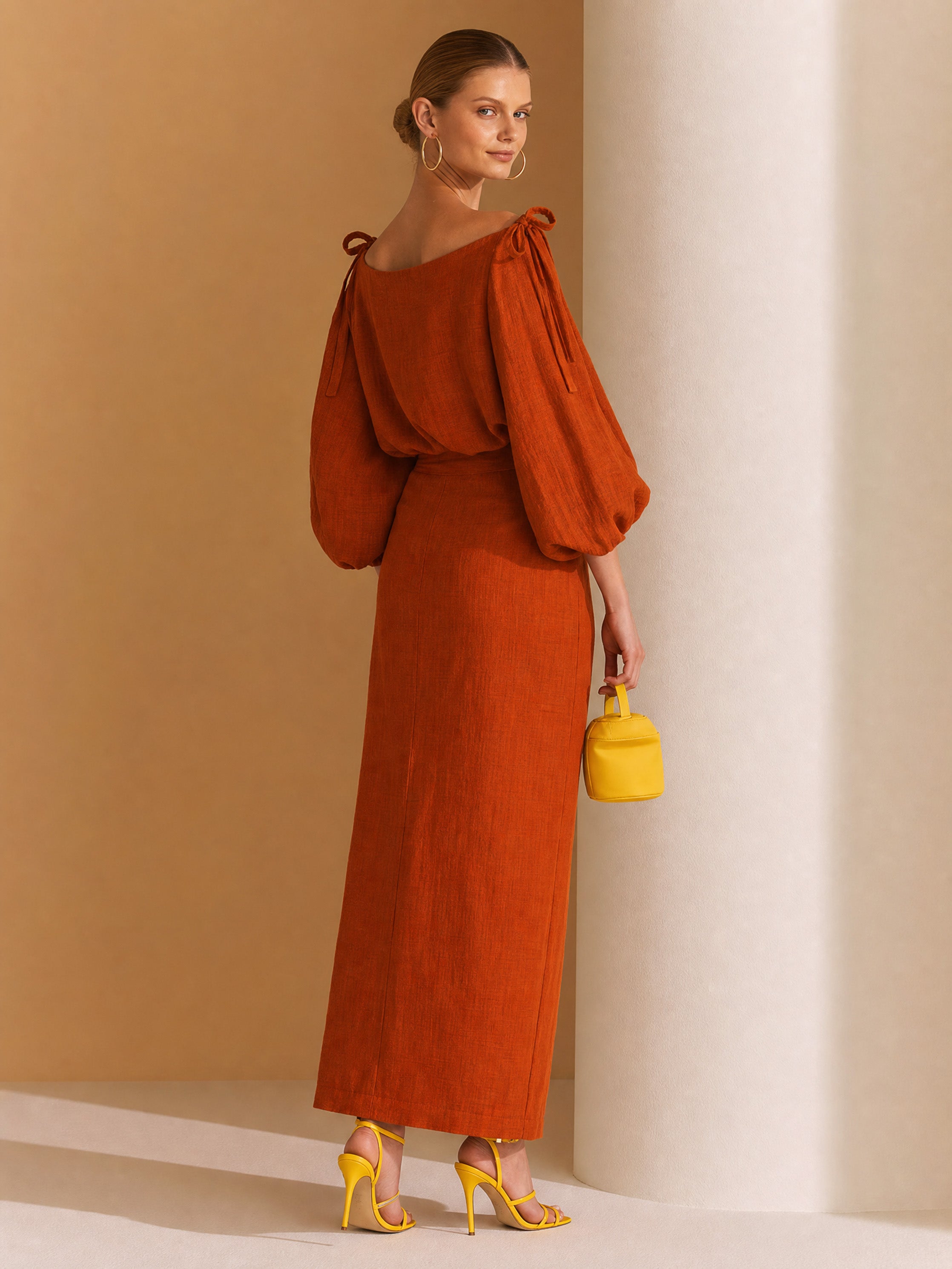 Elegant Pumpkin Orange Cold Shoulder Puff Sleeve Linen Midi Co-ord