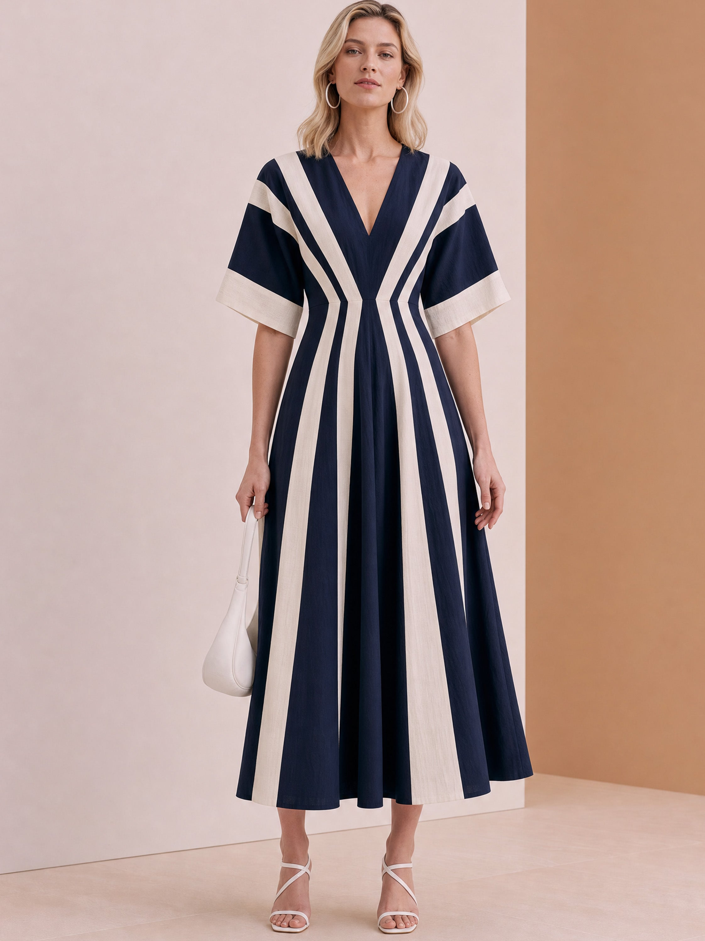 Elegant Navy Ivory Color Block V-Neck Flared Linen Midi Dress