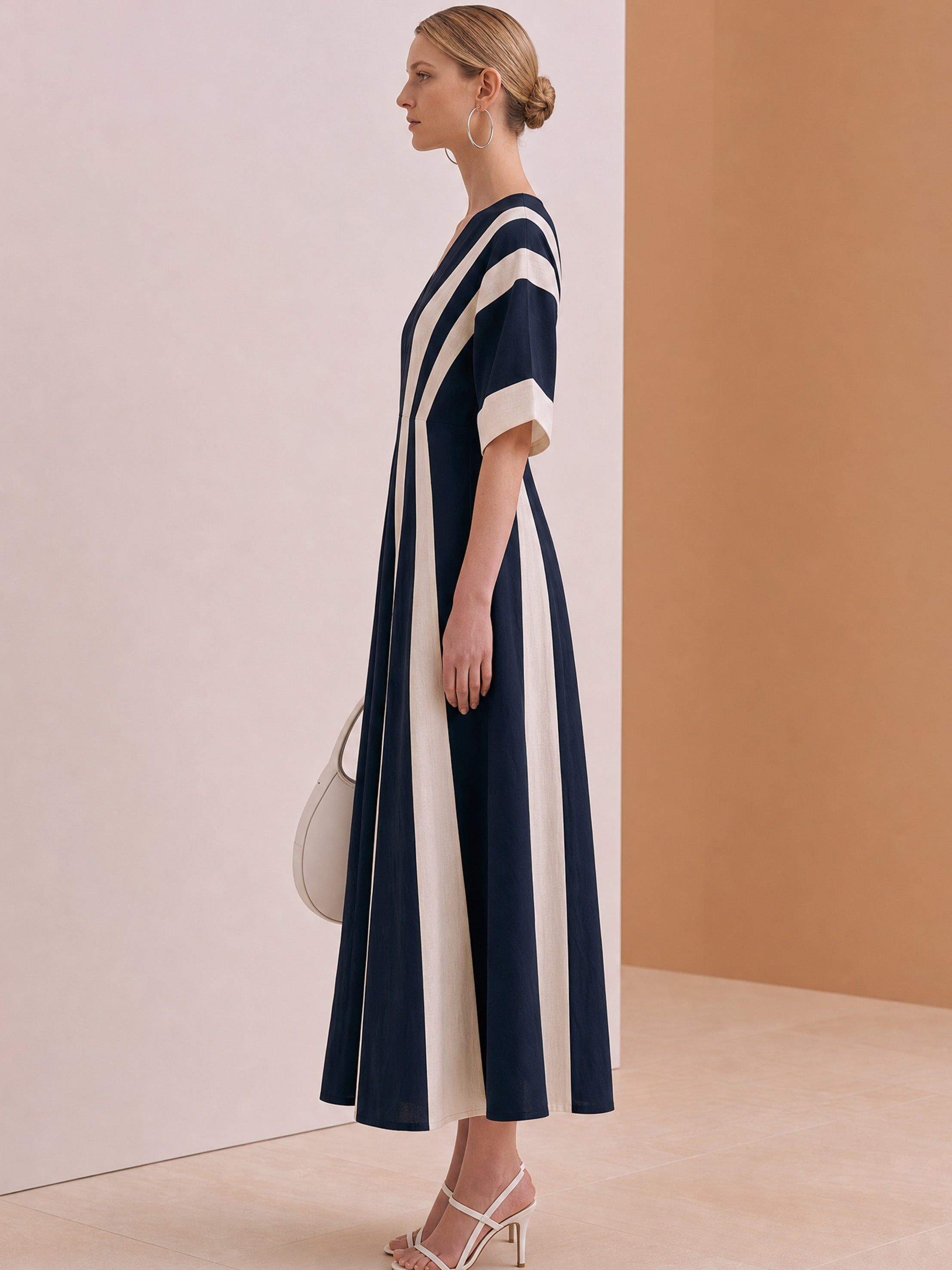 Elegant Navy Ivory Color Block V-Neck Flared Linen Midi Dress