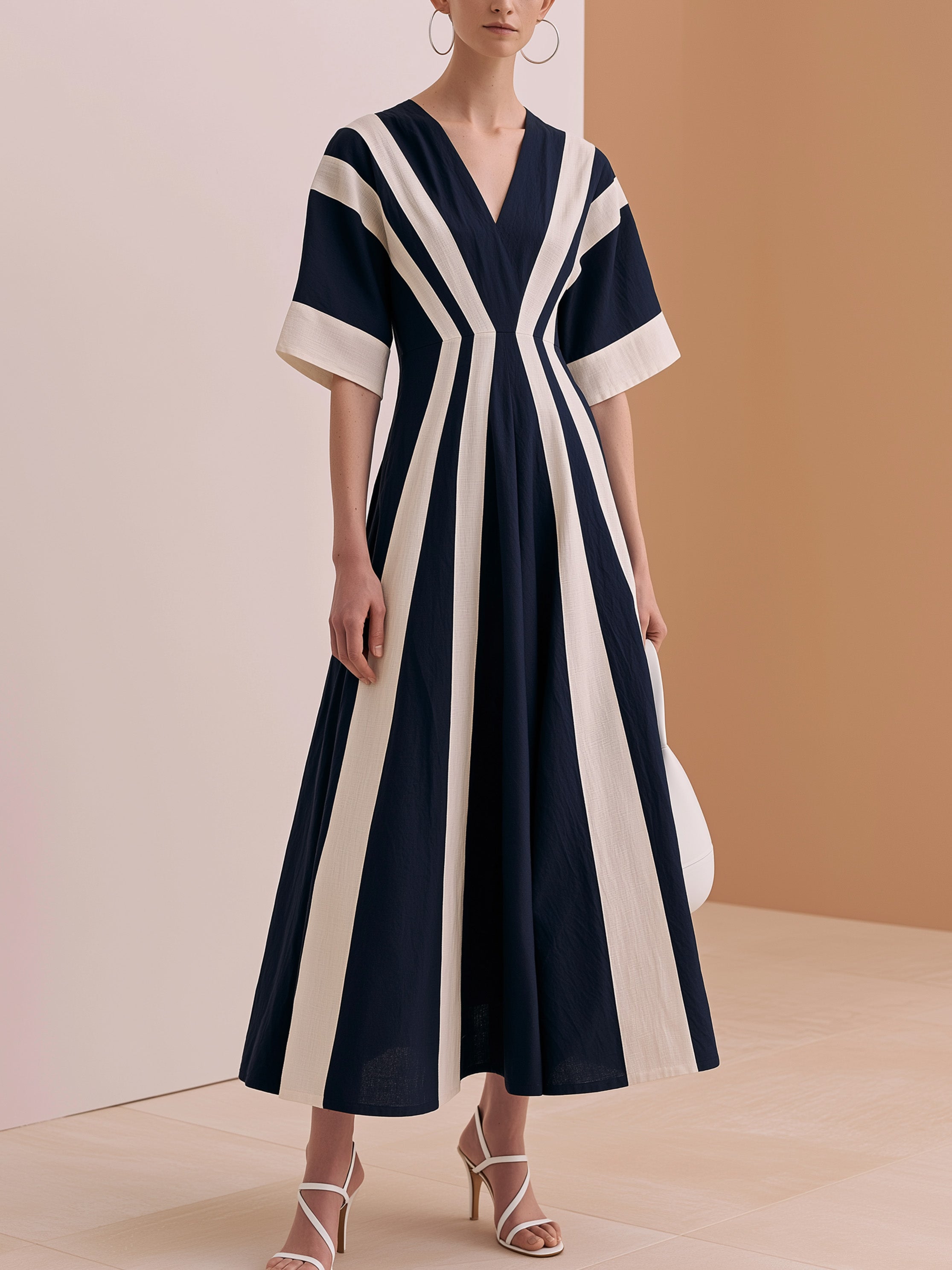 Elegant Navy Ivory Color Block V-Neck Flared Linen Midi Dress