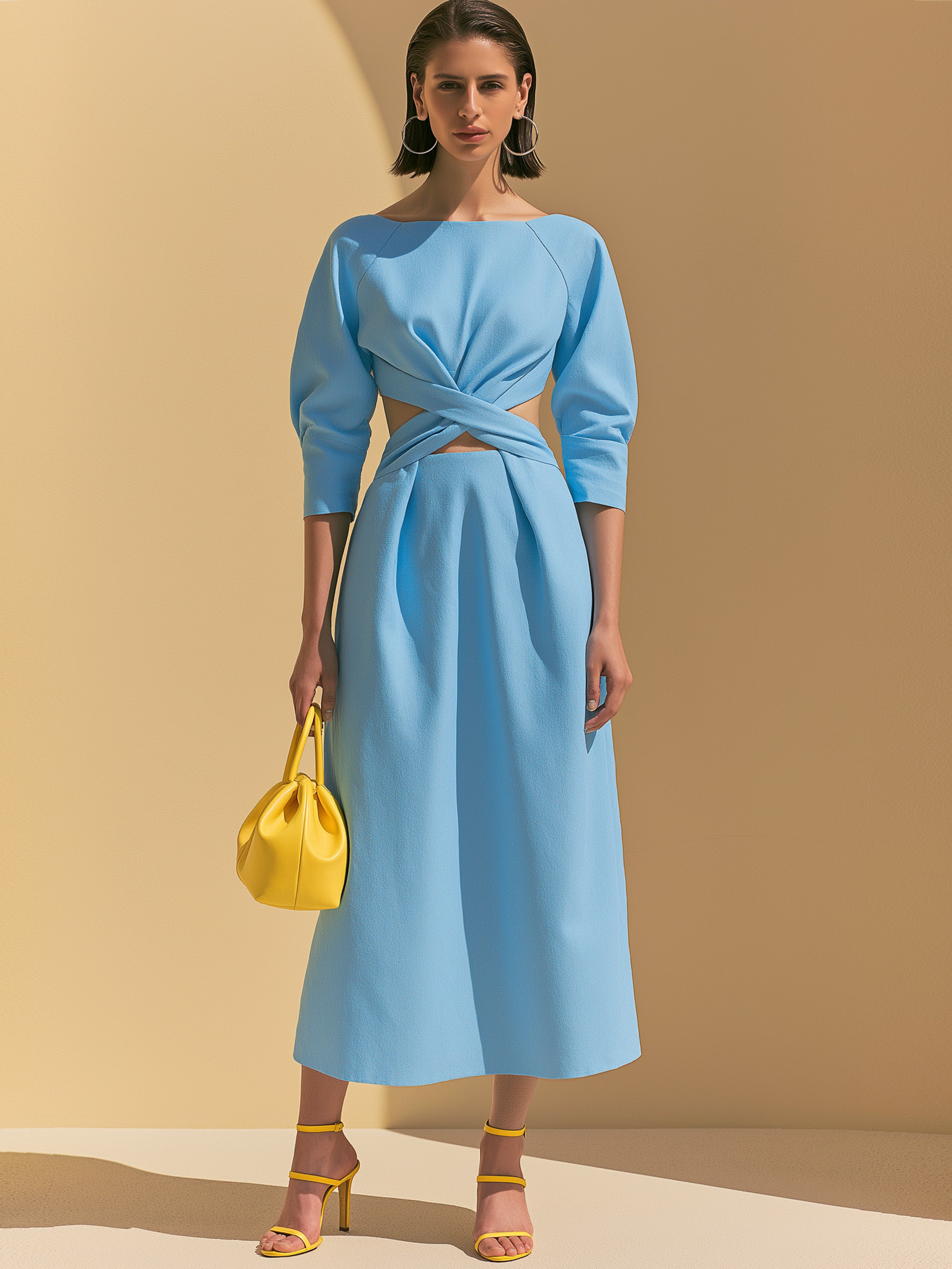 Light Blue Raglan Elbow Sleeve Waist Cutout Tailored Dress