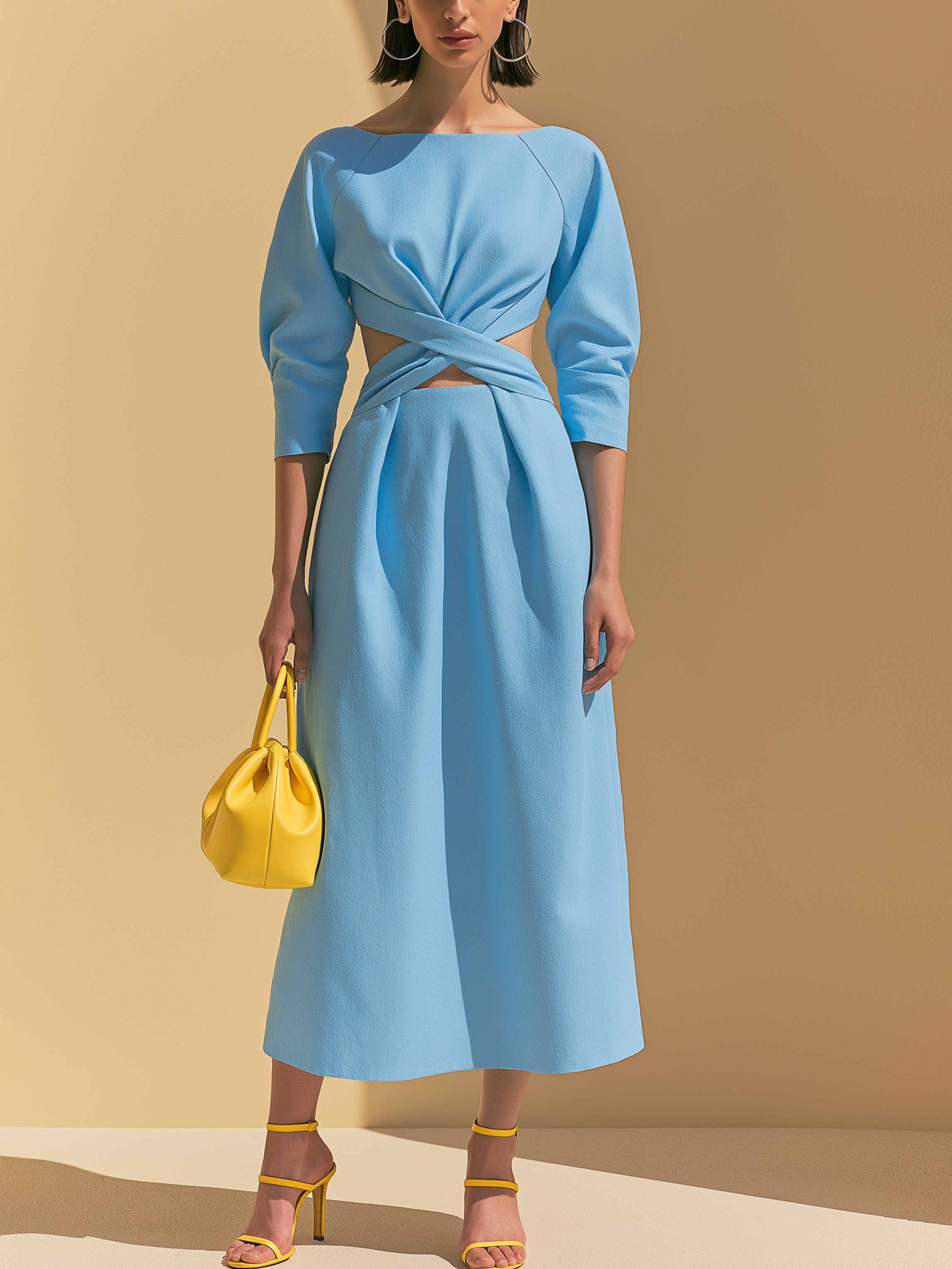 Light Blue Raglan Elbow Sleeve Waist Cutout Tailored Dress
