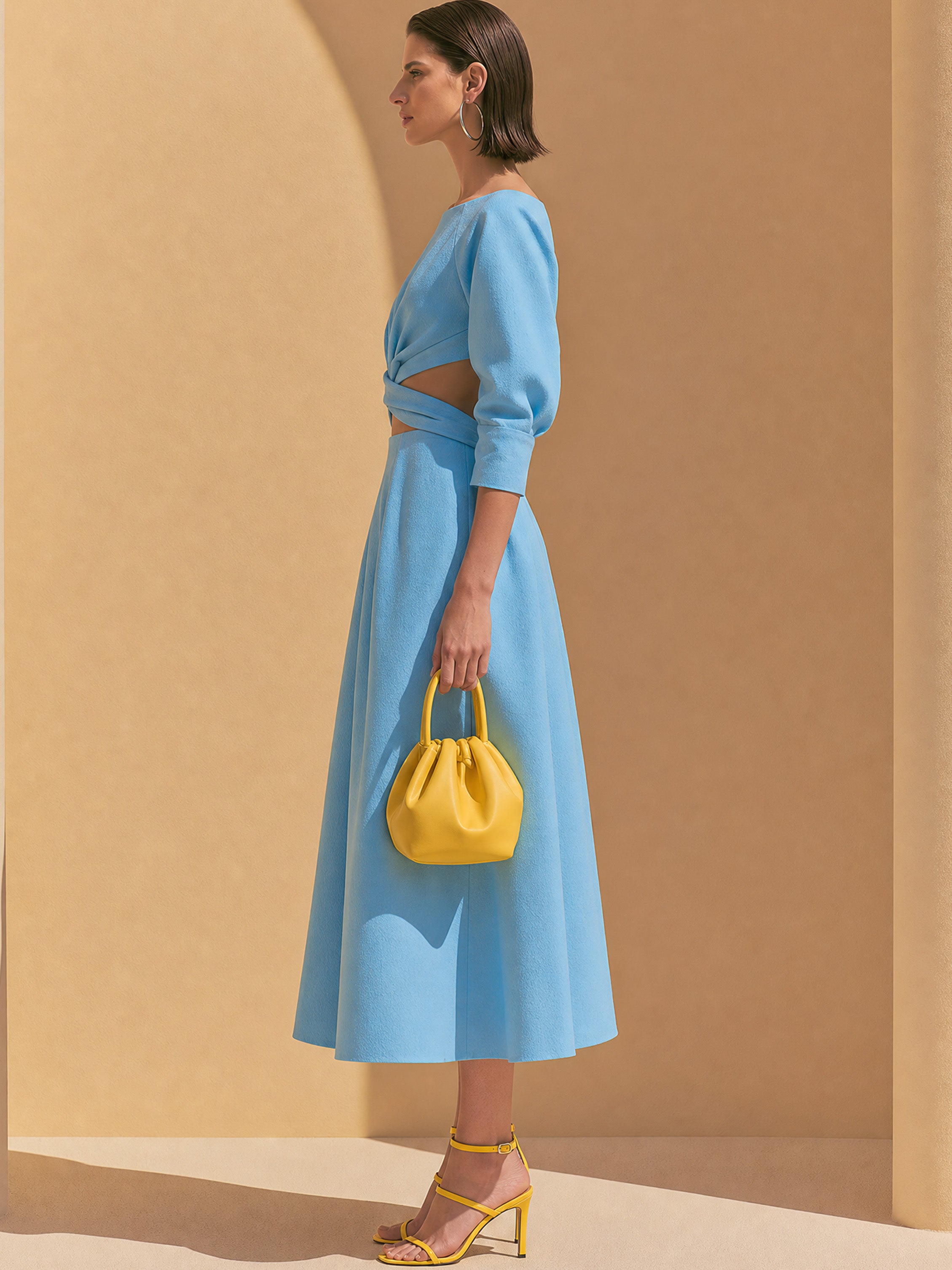 Light Blue Raglan Elbow Sleeve Waist Cutout Tailored Dress