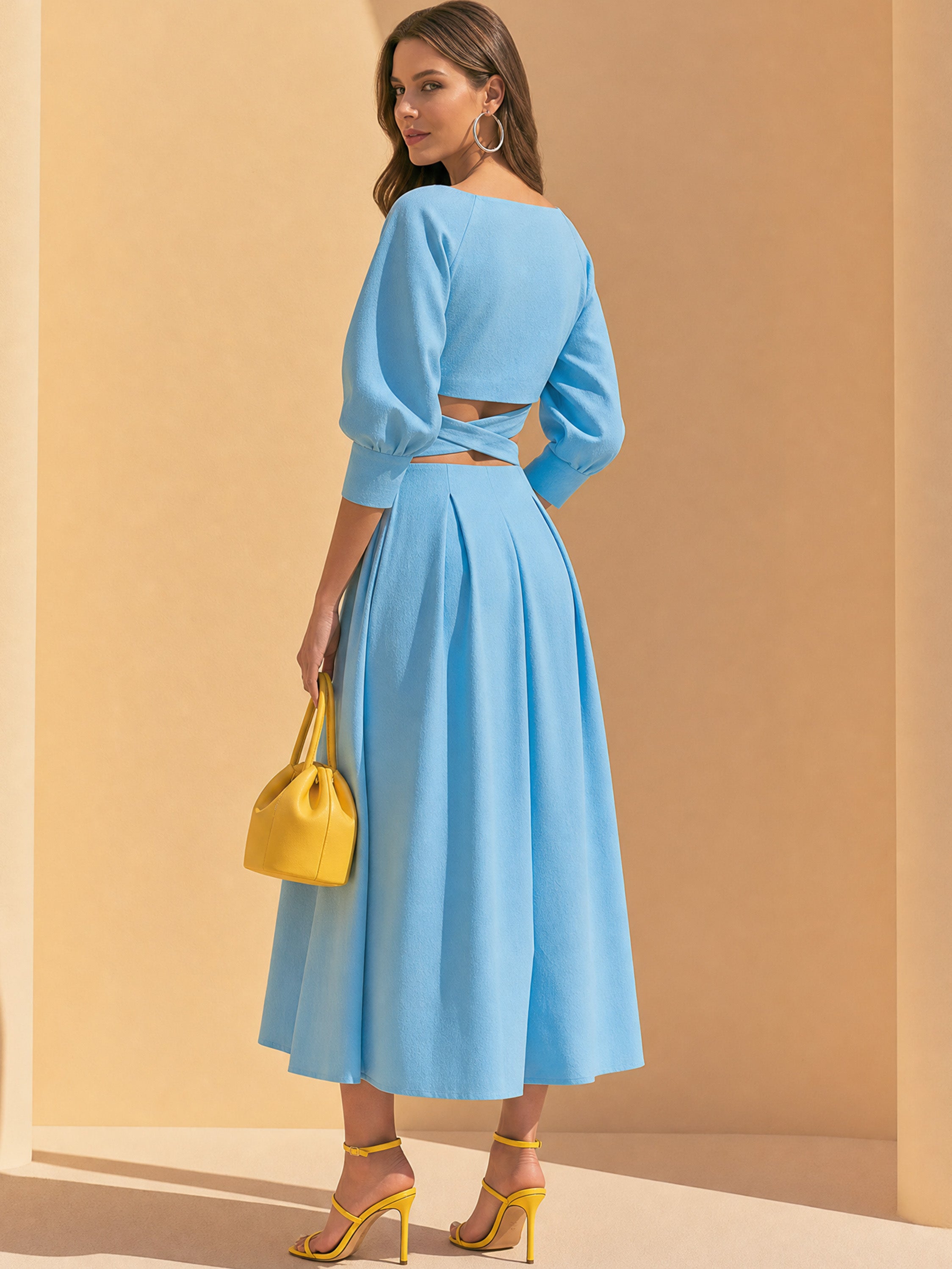 Light Blue Raglan Elbow Sleeve Waist Cutout Tailored Dress
