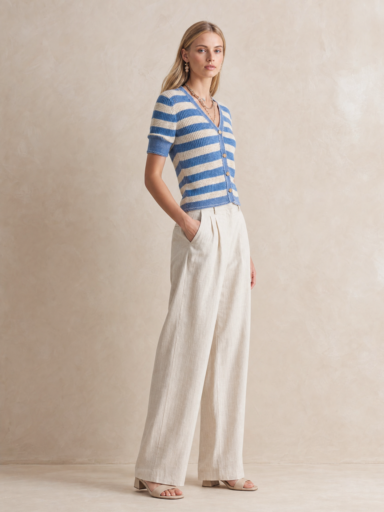 Blue And White Knitted Short-sleeve Cardigan Set