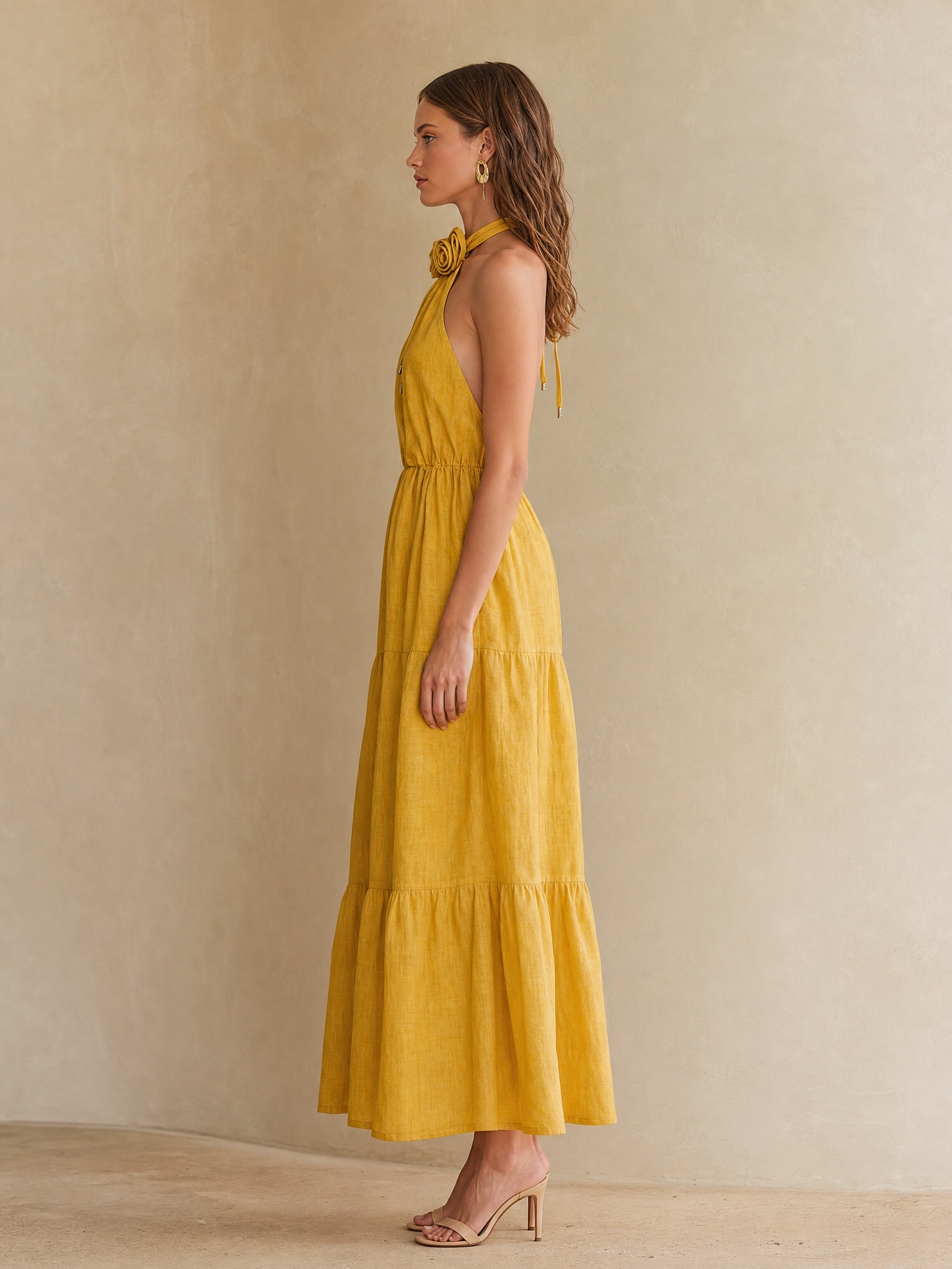 Mustard Yellow Linen Halter-neck Dress