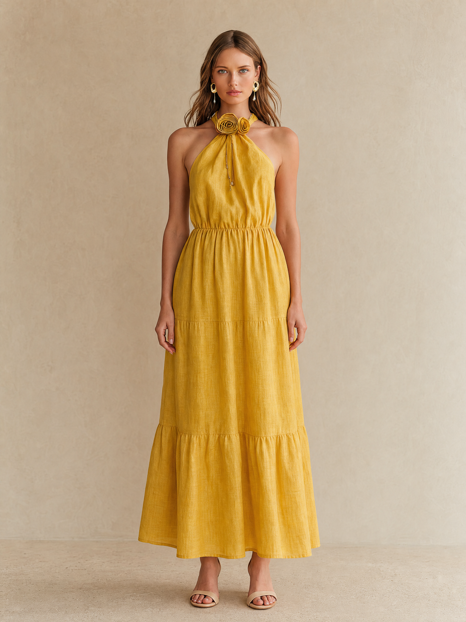 Mustard Yellow Linen Halter-neck Dress