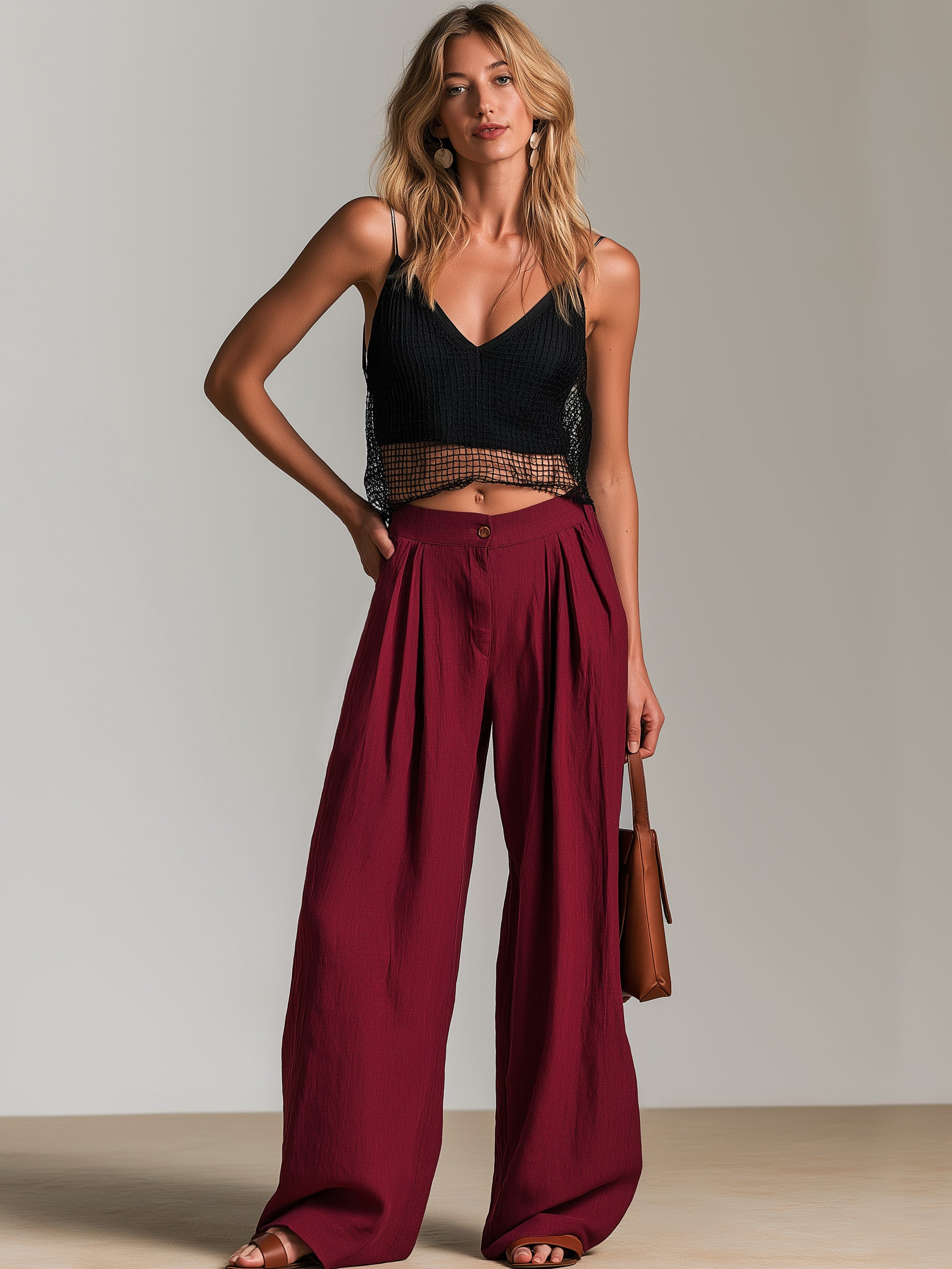 Timeless Set :Black Mesh Cropped Camisole & Burgundy Wide Leg Pants