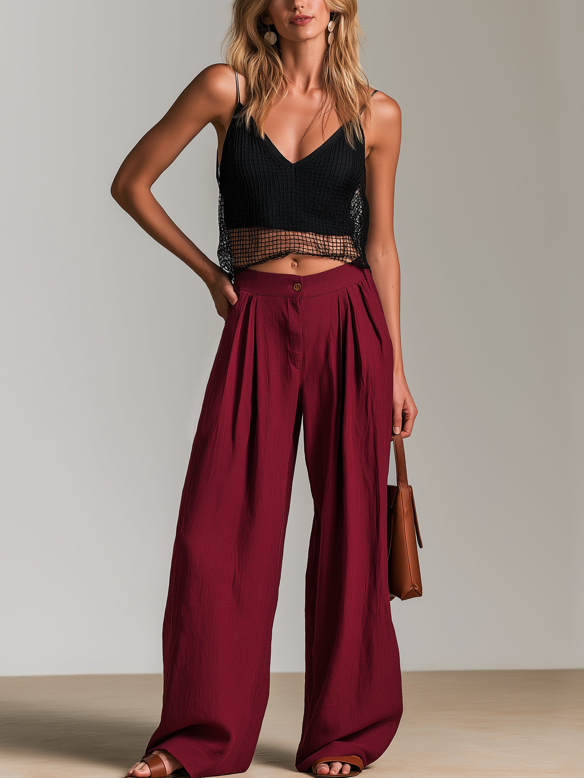 Timeless Set :Black Mesh Cropped Camisole & Burgundy Wide Leg Pants