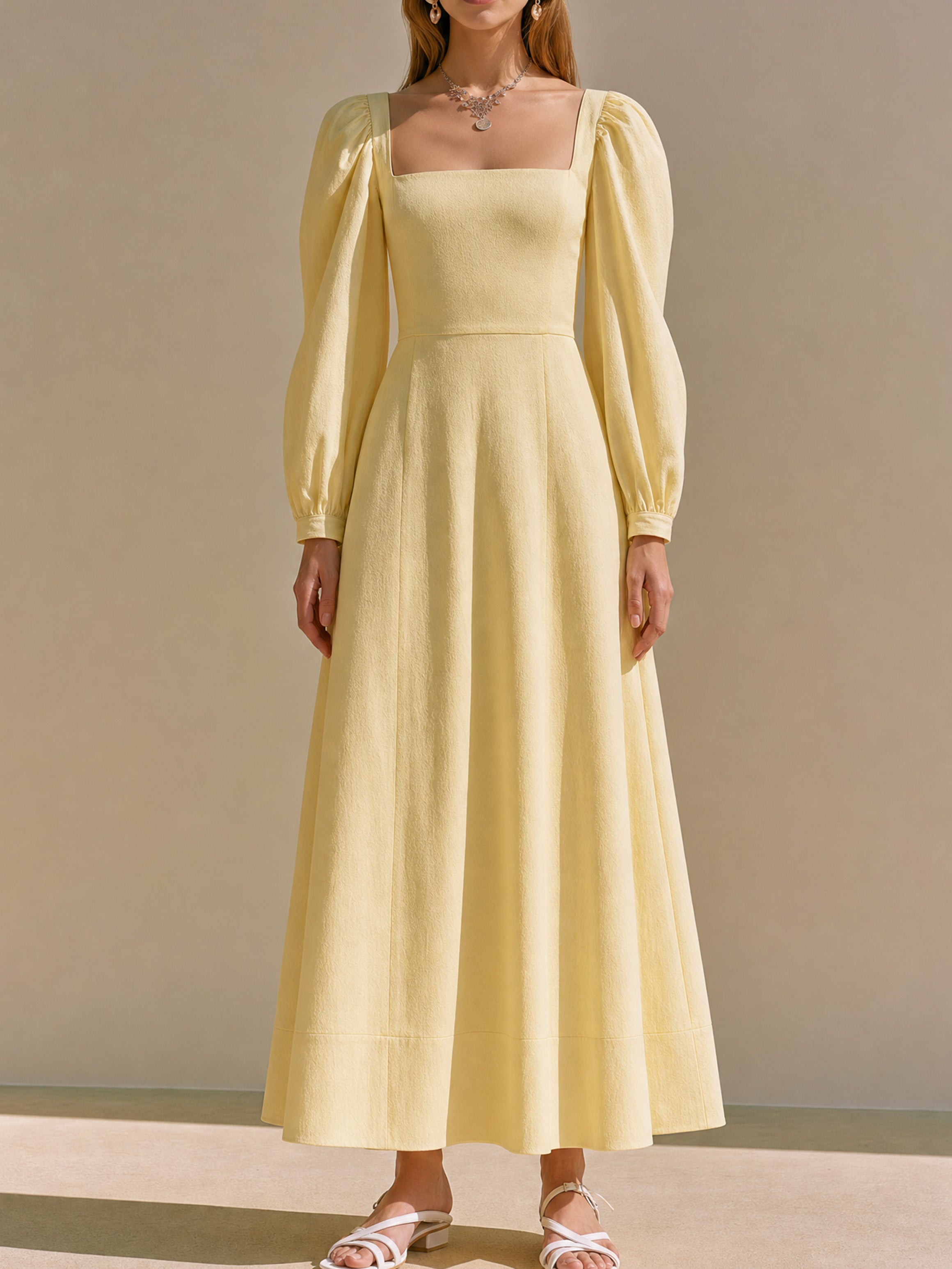 Elegant Pale Yellow Linen Blend Dress: Square Neck Maxi Dress
