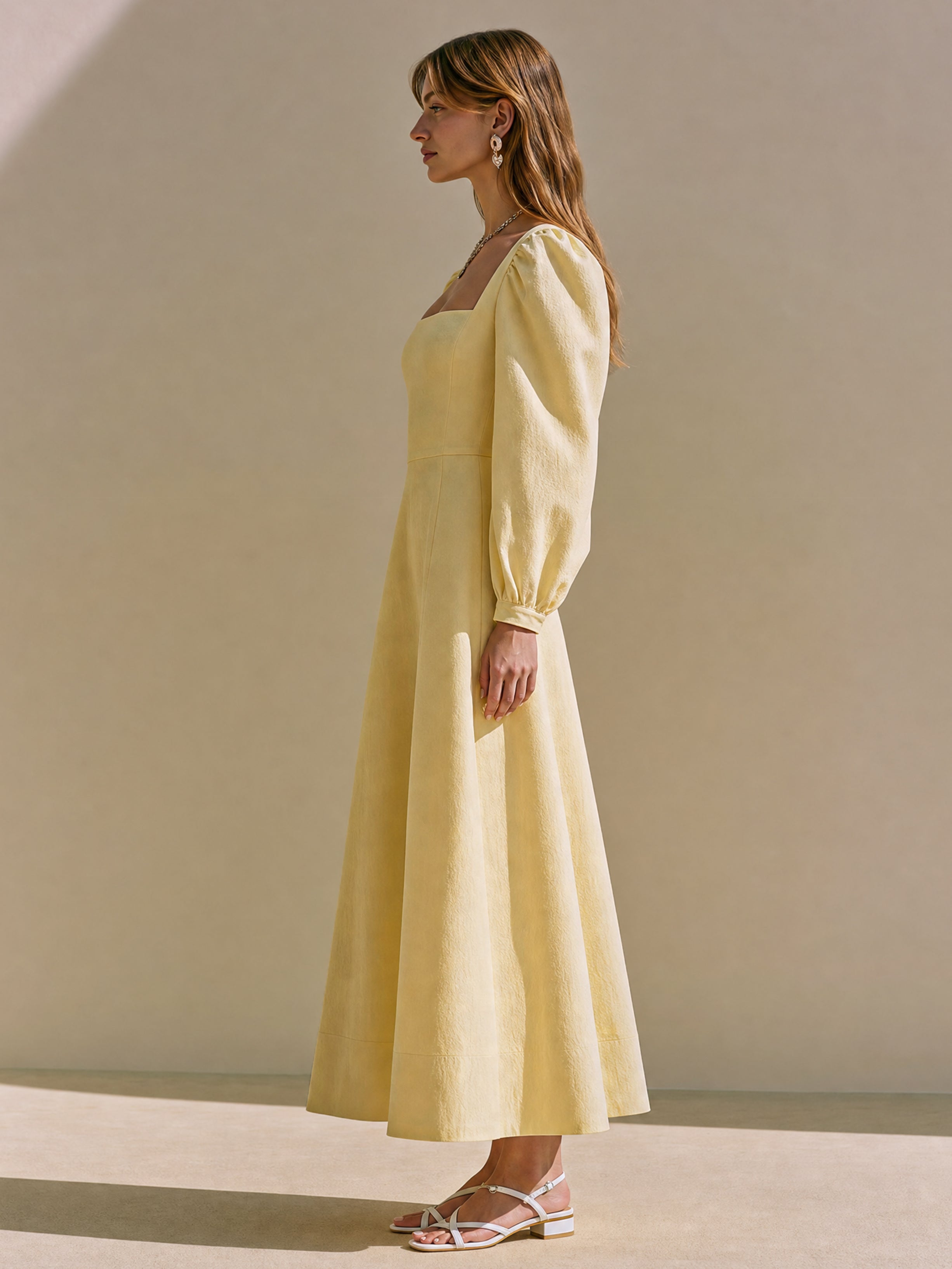 Elegant Pale Yellow Linen Blend Dress: Square Neck Maxi Dress