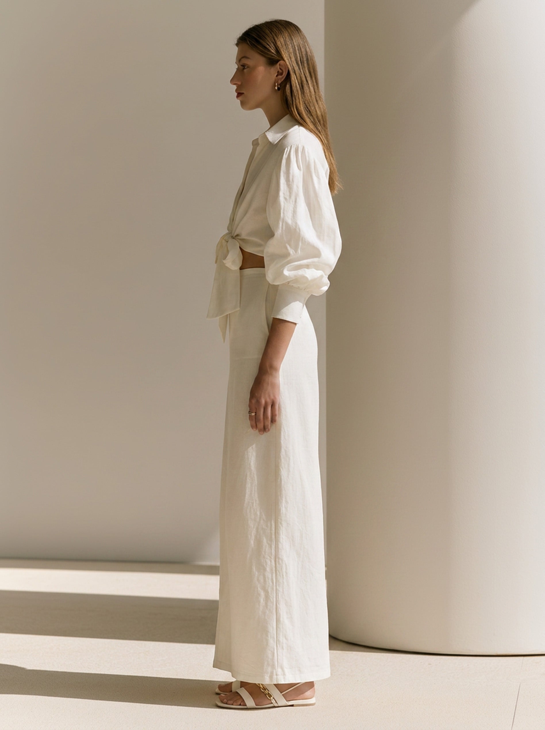 Elegant White Linen Blend Suit: Button-Up Shirt & Midi Skirt Set