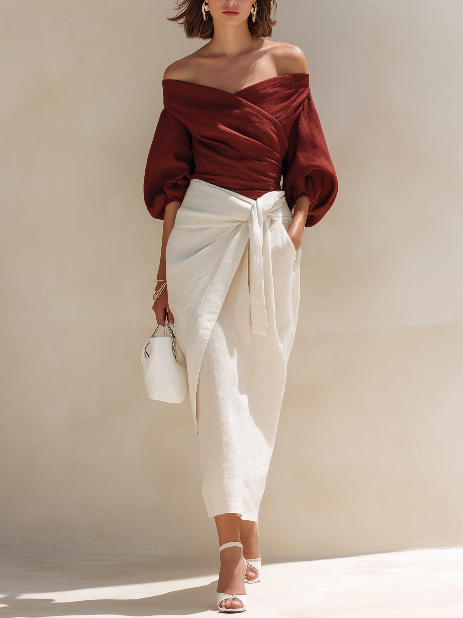 Elegant Burgundy Linen Shirt And White Skirt Set