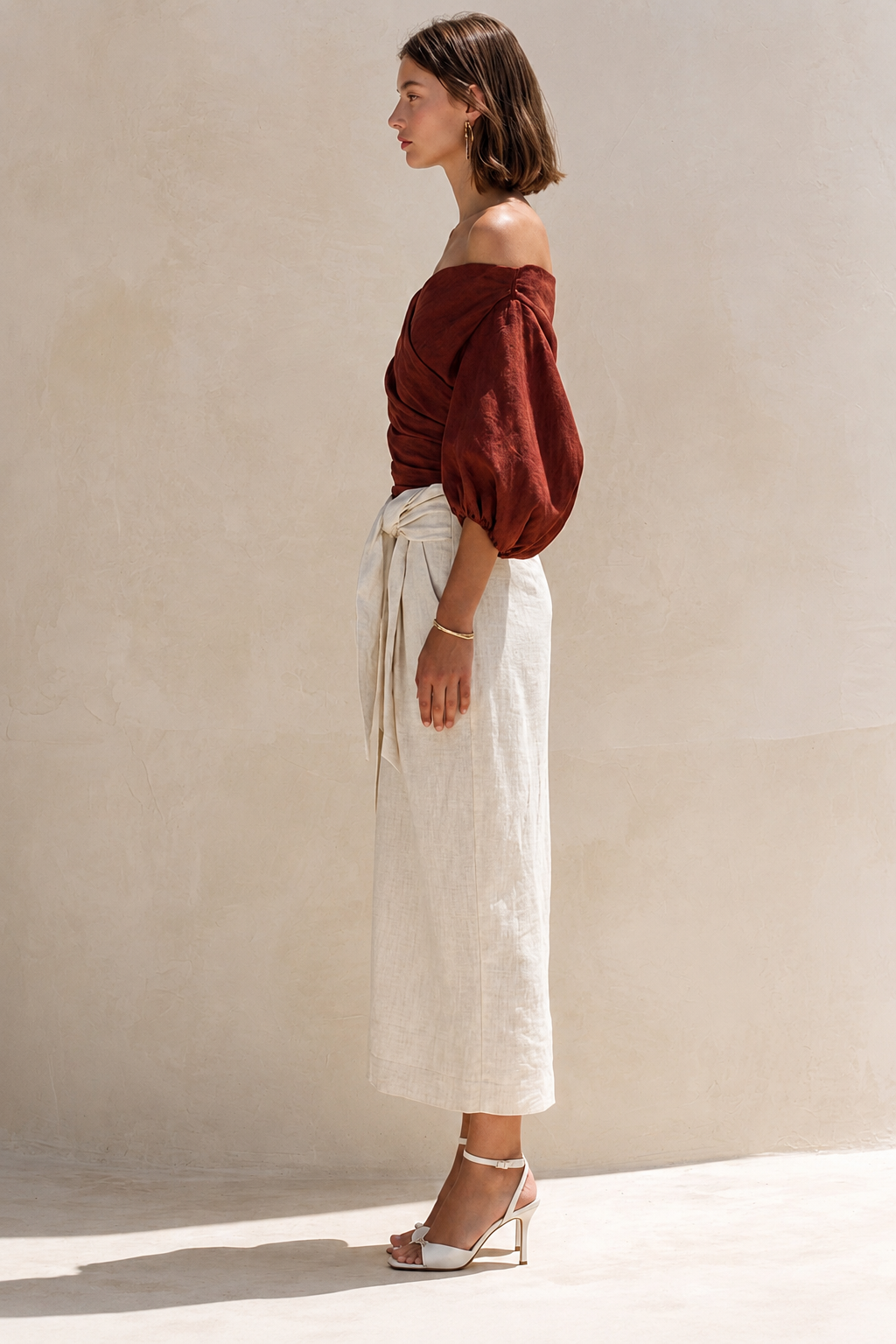 Elegant Burgundy Linen Shirt And White Skirt Set