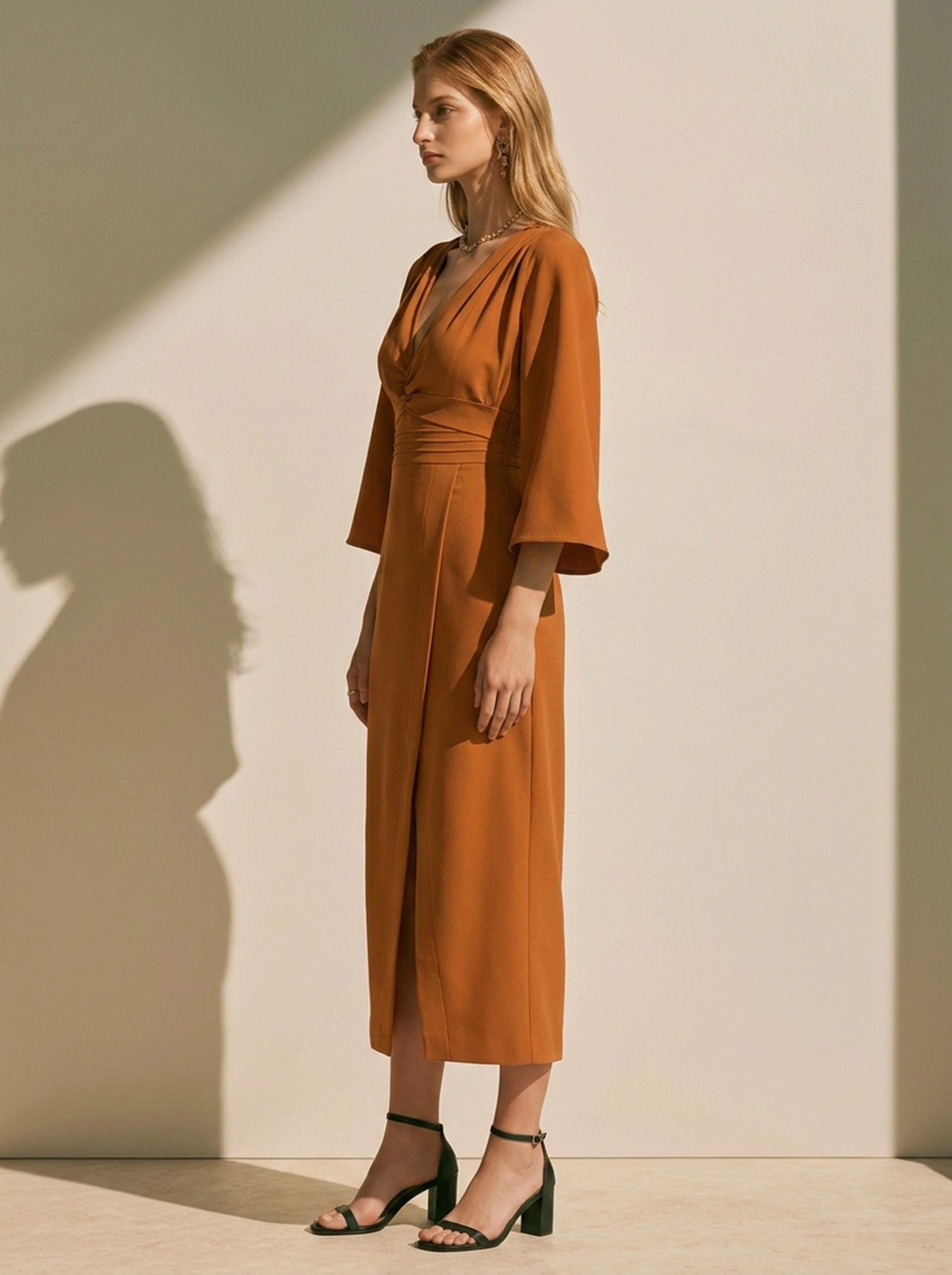 Elegant Brown Dress: V-Neck Flare Sleeve Madi Dress