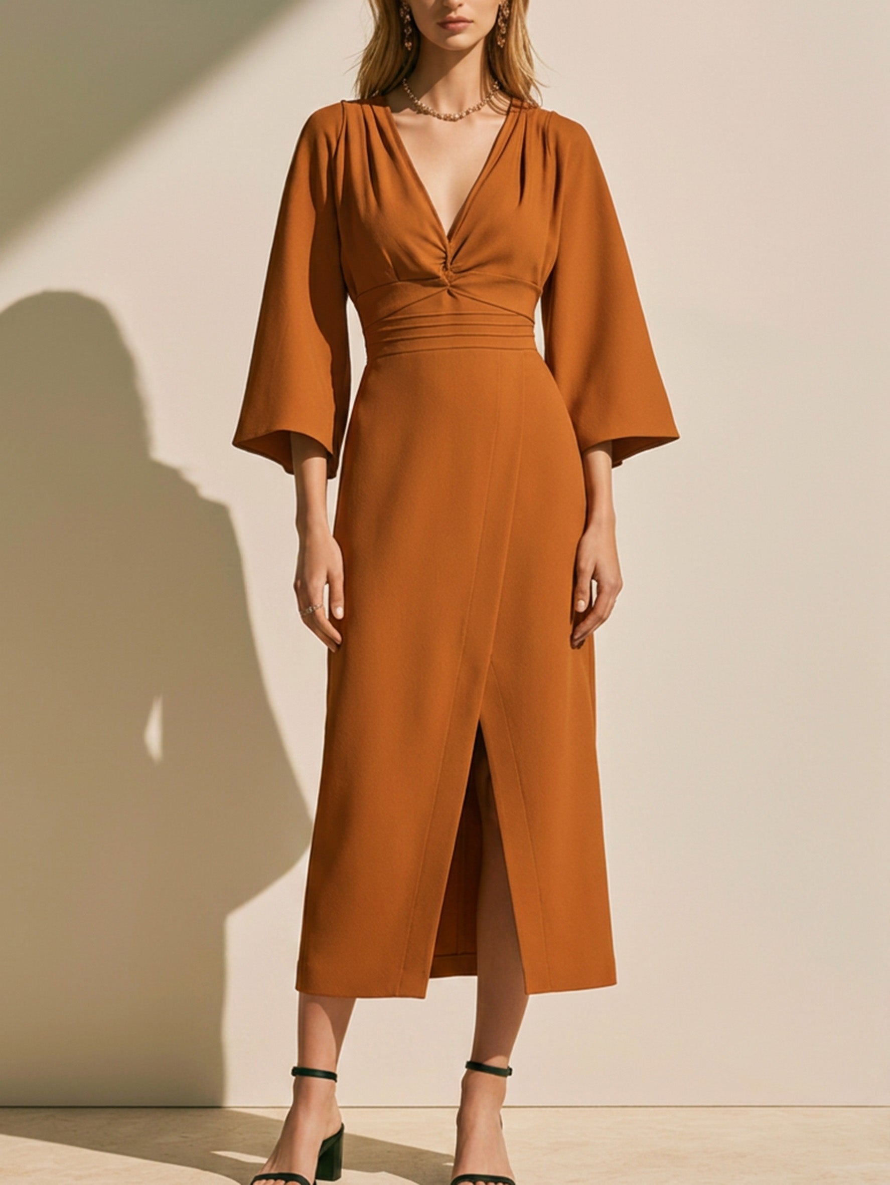Elegant Brown Dress: V-Neck Flare Sleeve Madi Dress