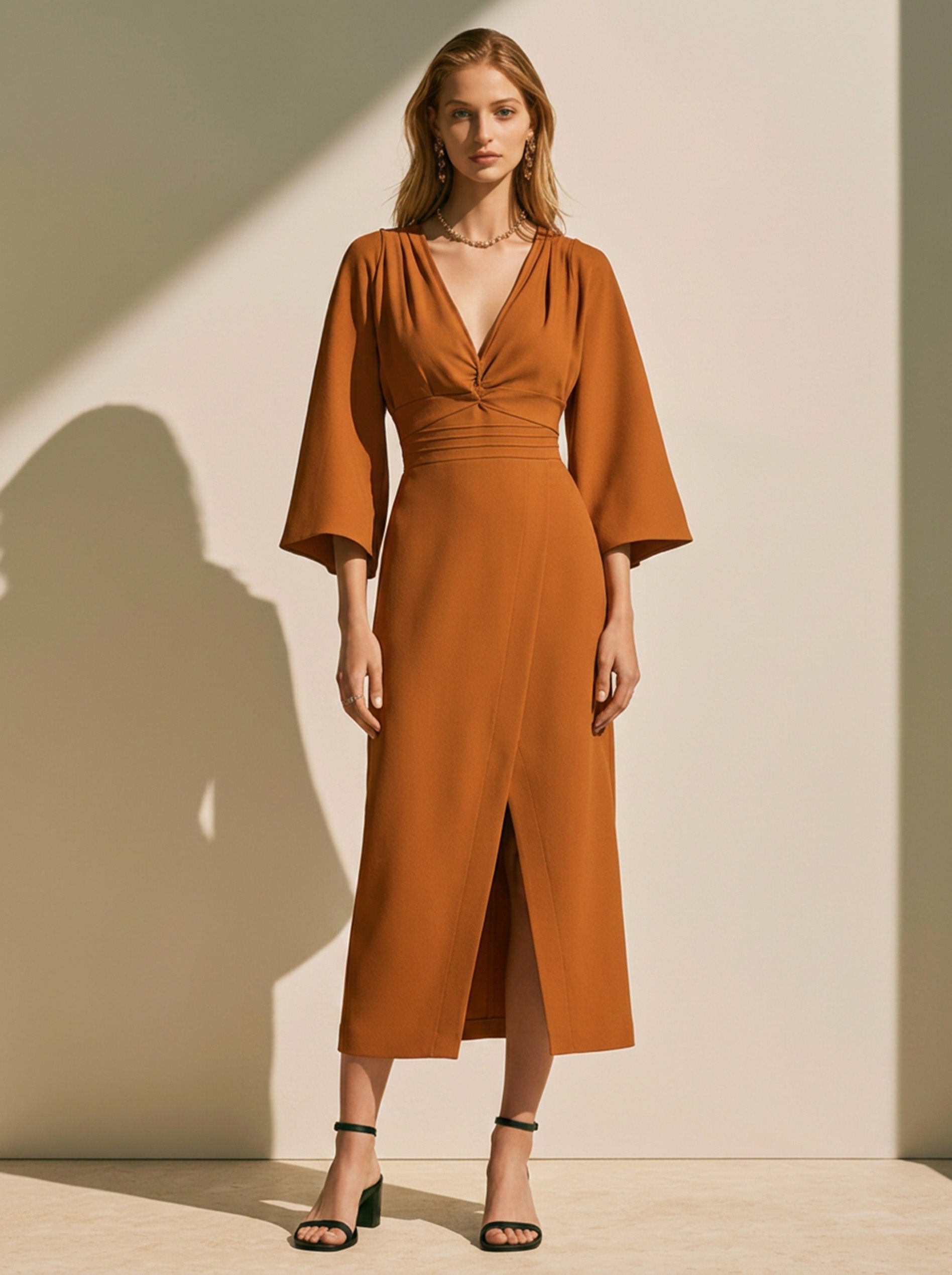 Elegant Brown Dress: V-Neck Flare Sleeve Madi Dress