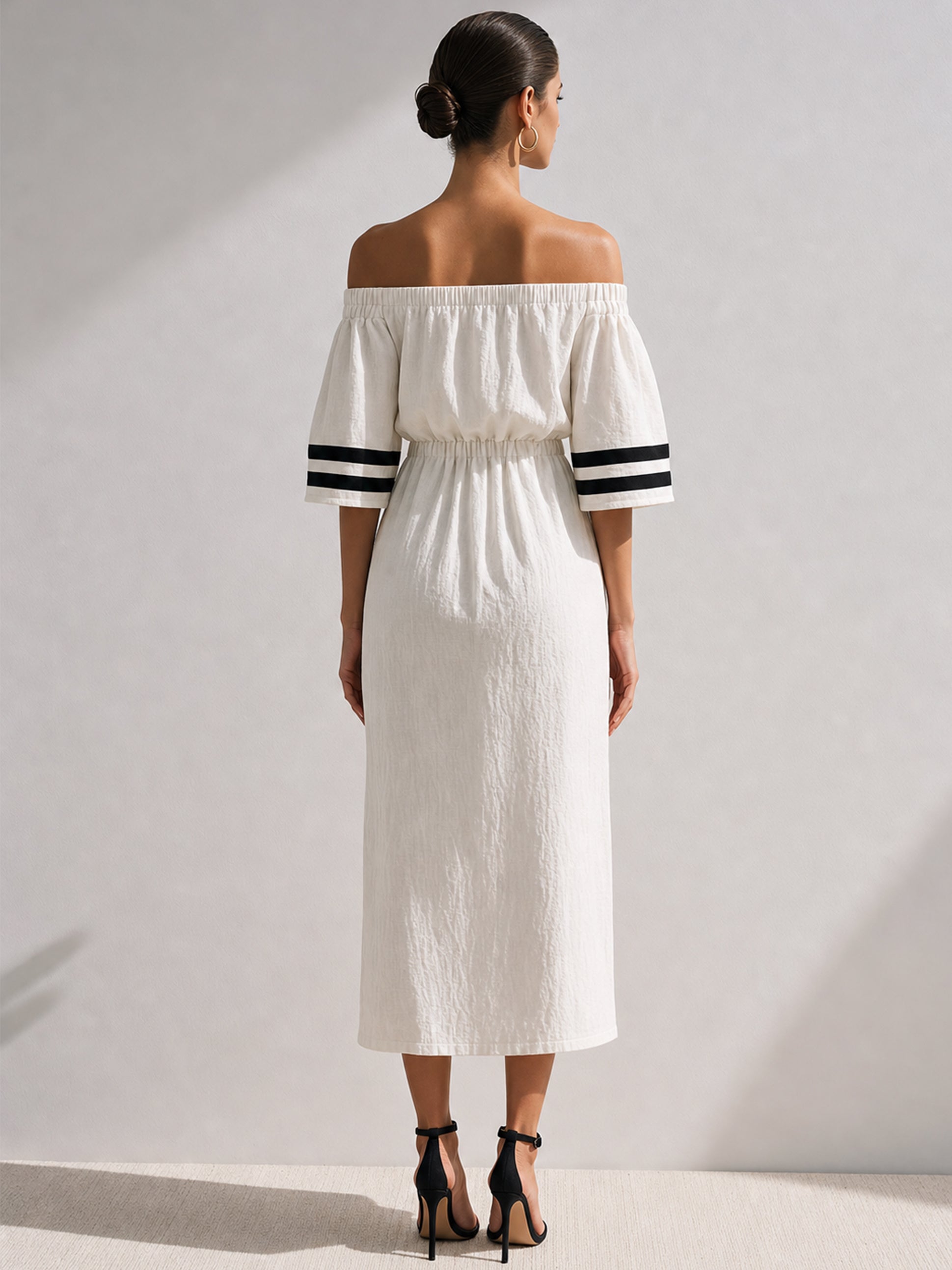 Linen Ivory & Black Stripe Off-The-Shoulder Midi Dress