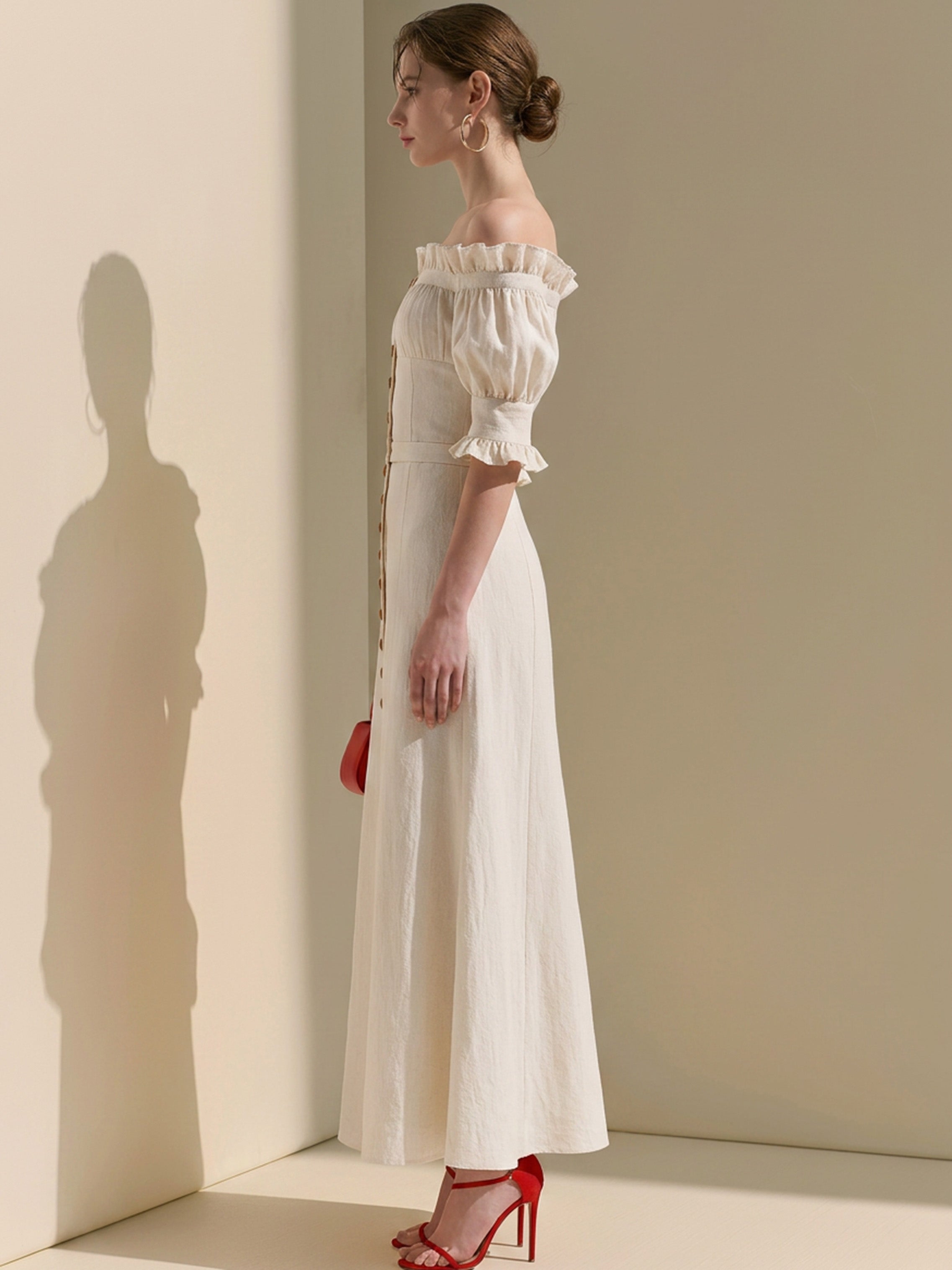 Relaxed Ivory Cold Shoulder Puff Sleeve Waisted Linen Dress