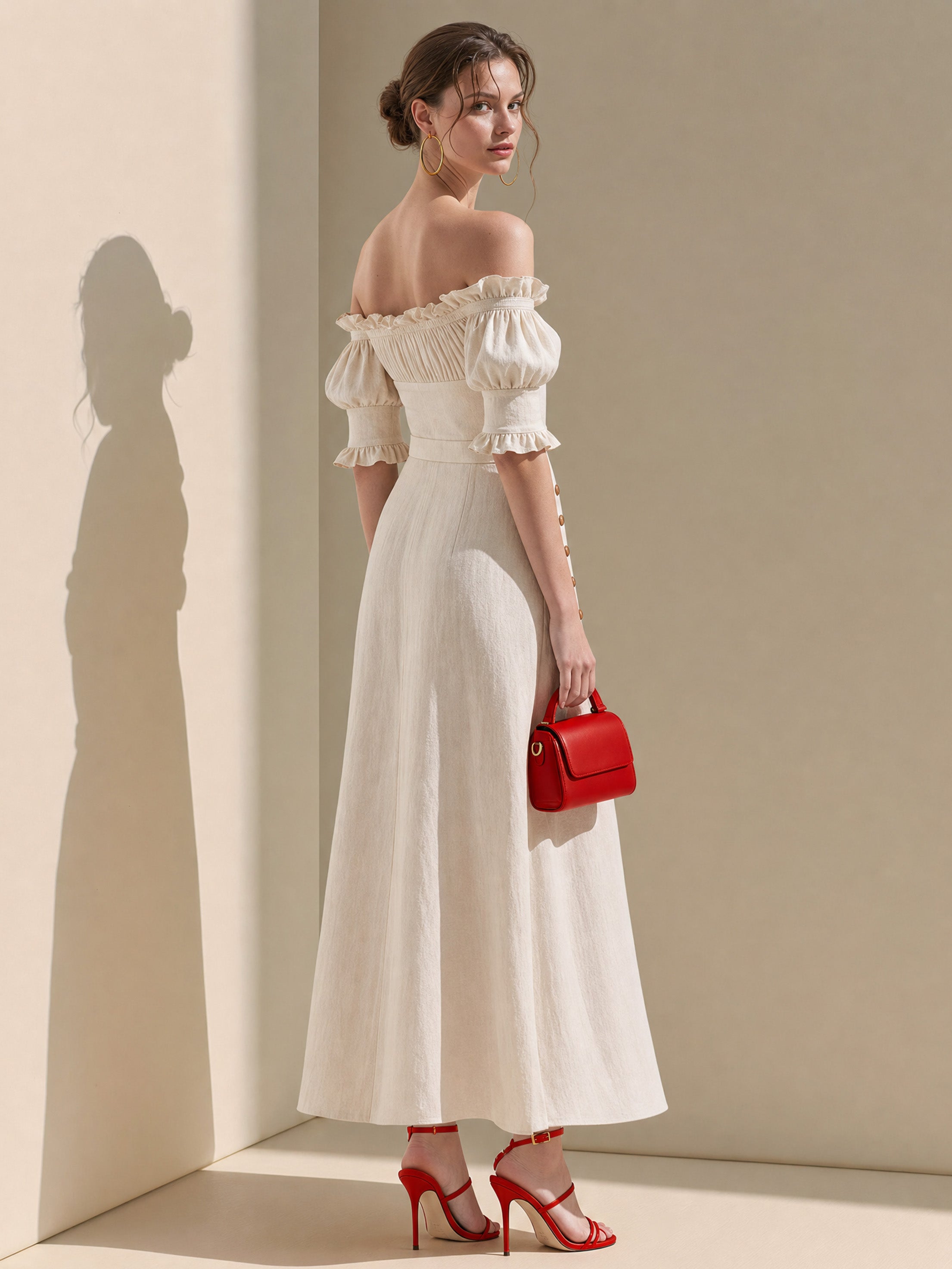 Relaxed Ivory Cold Shoulder Puff Sleeve Waisted Linen Dress