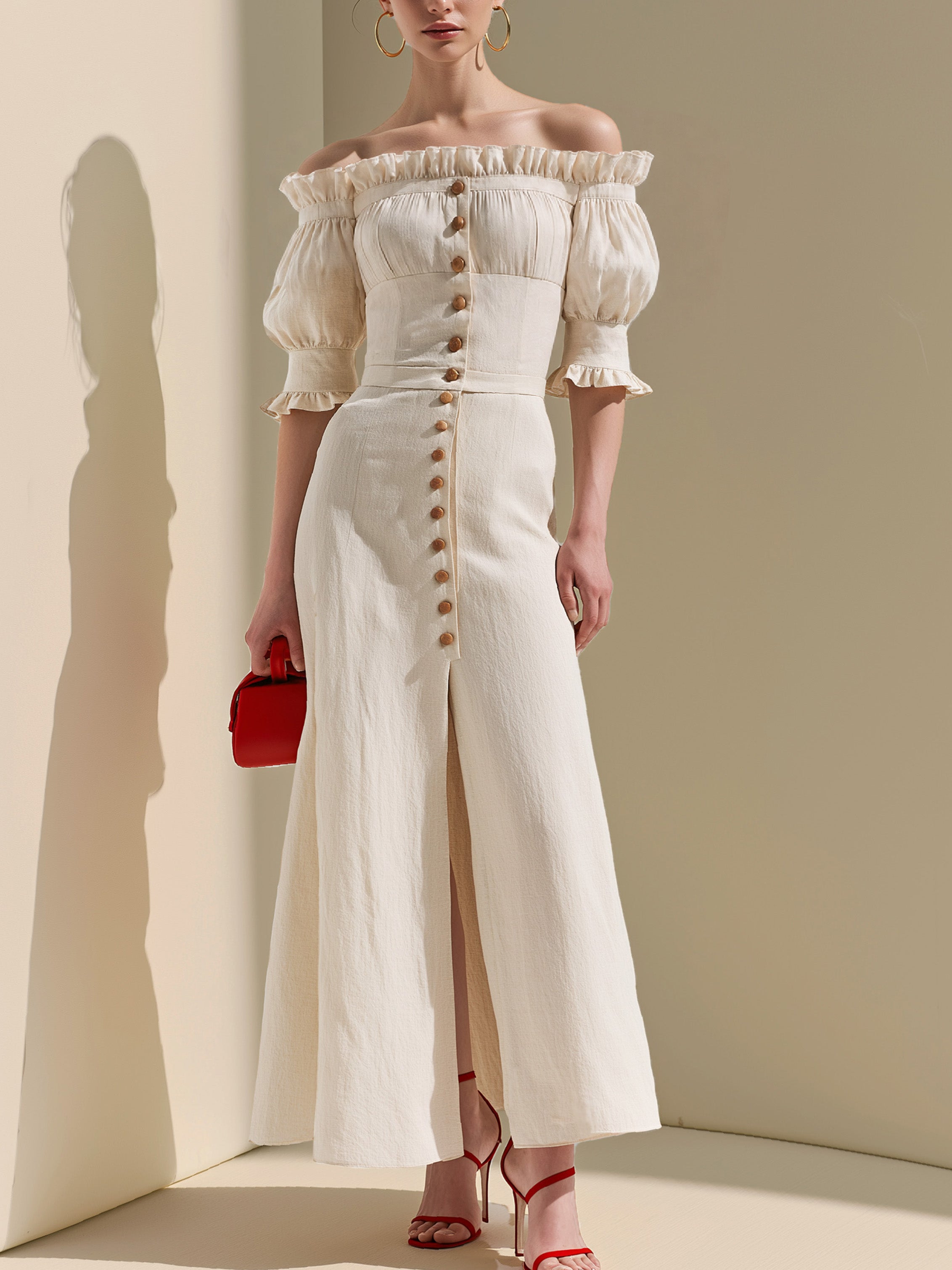 Relaxed Ivory Cold Shoulder Puff Sleeve Waisted Linen Dress