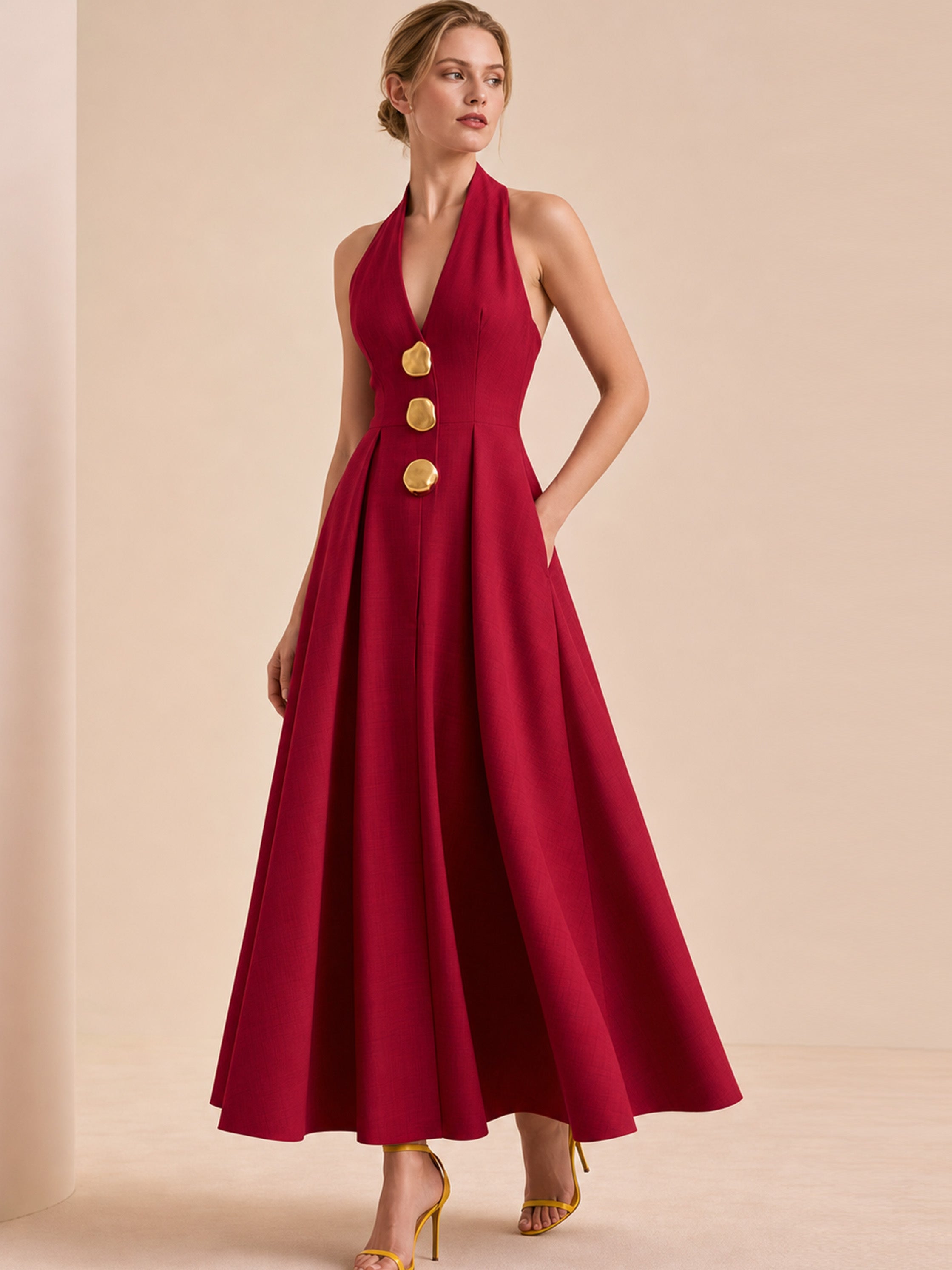 Burgundy Halter Deep V Gold Button Waisted A-Line Maxi Dress