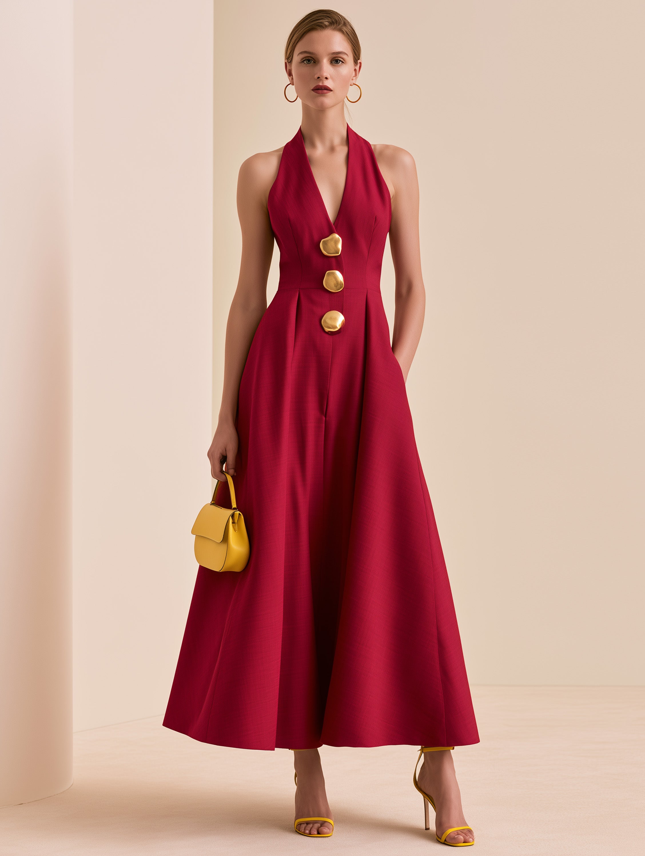 Burgundy Halter Deep V Gold Button Waisted A-Line Maxi Dress