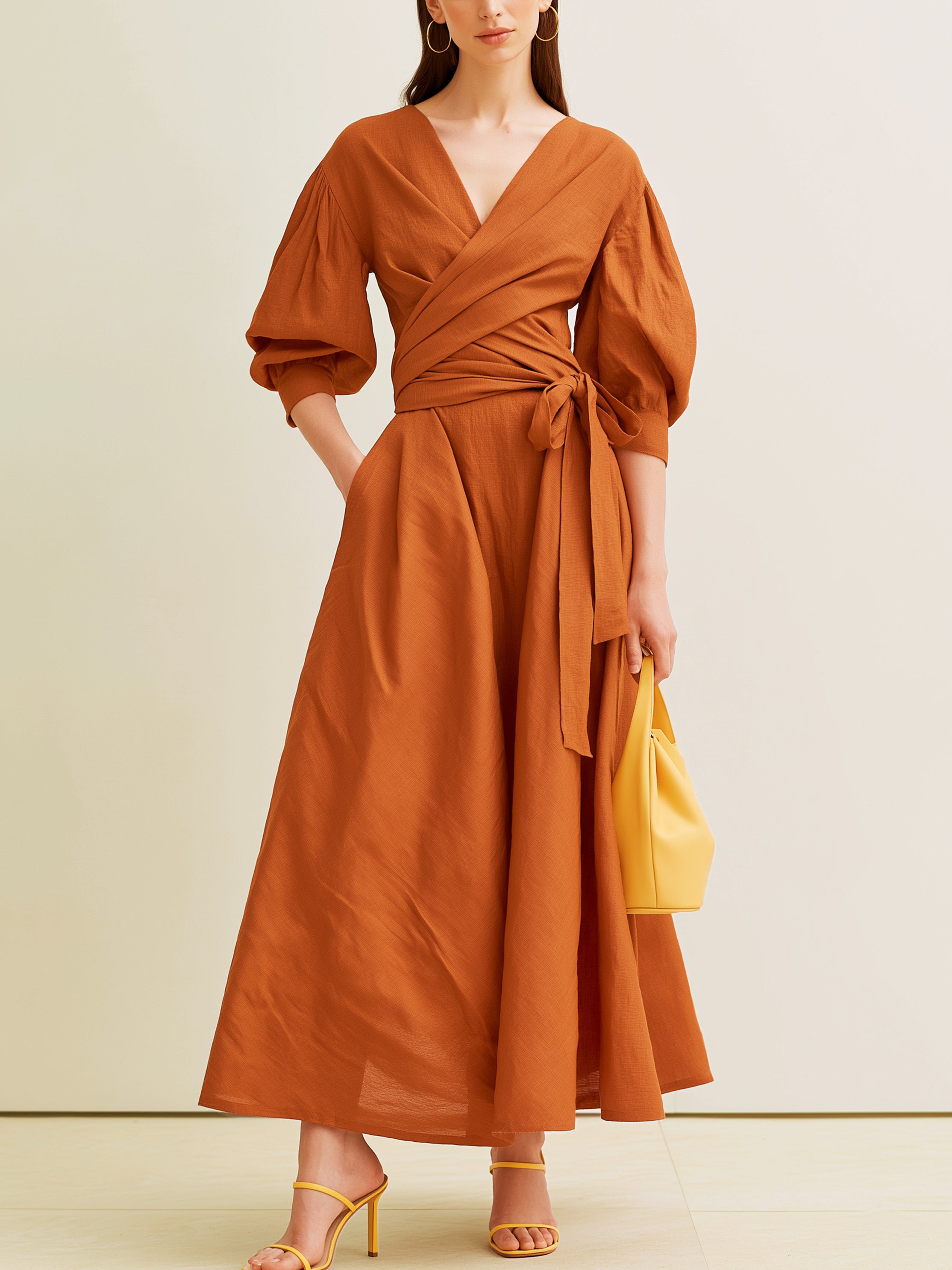 Elegant Rust Textured Linen Wrap Waisted Long Dress