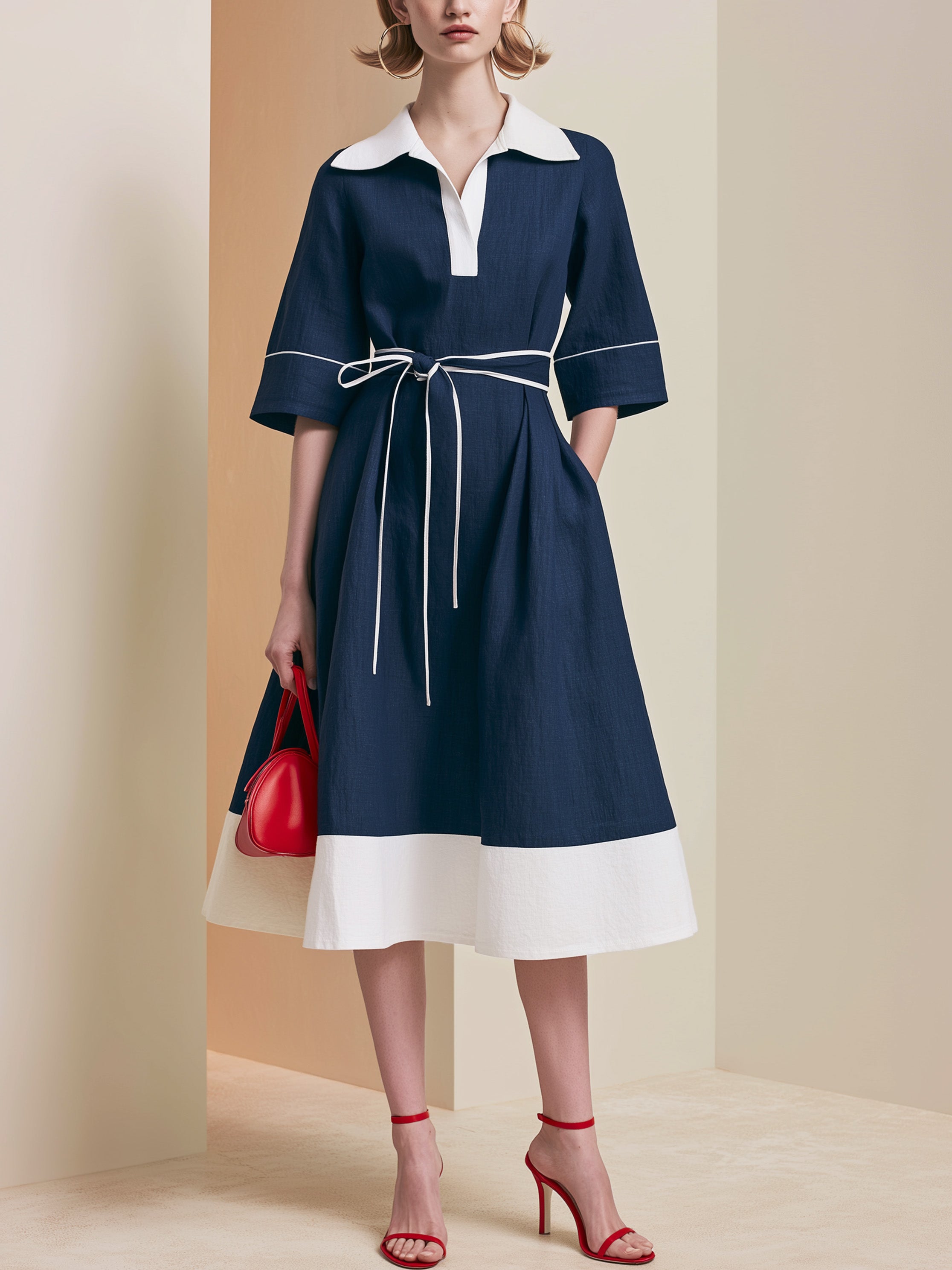 Navy White Contrast Collar Tie Waist Linen Midi Dress