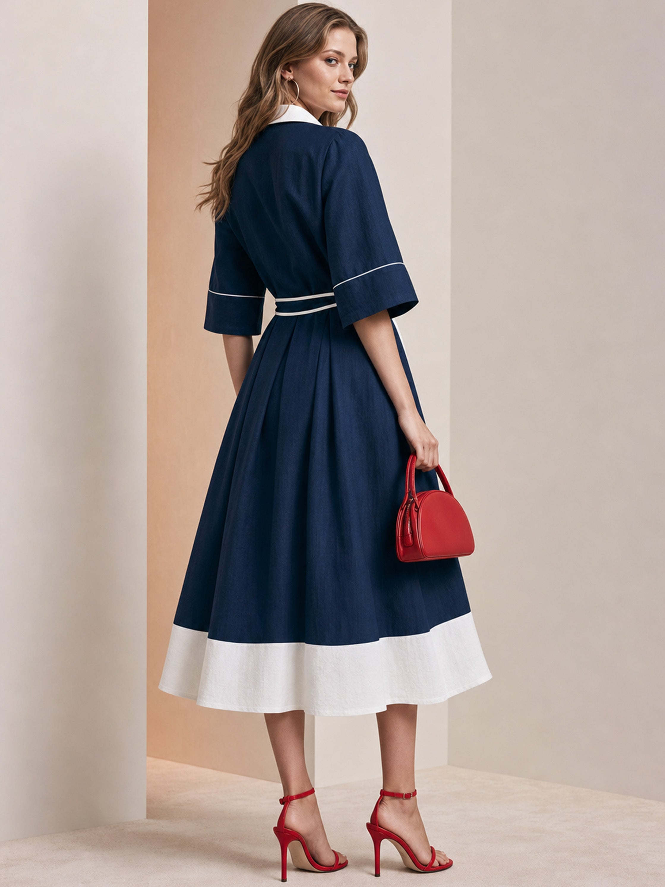 Navy White Contrast Collar Tie Waist Linen Midi Dress