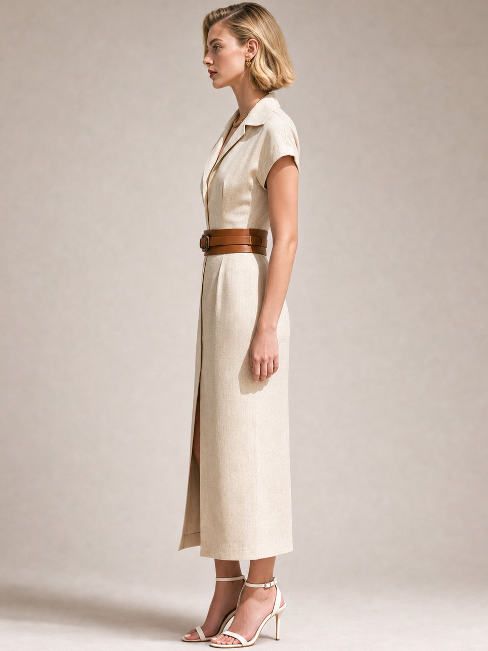 Elegant Ivory Dress: Short Sleeve V-Neck Belted Midi Dress