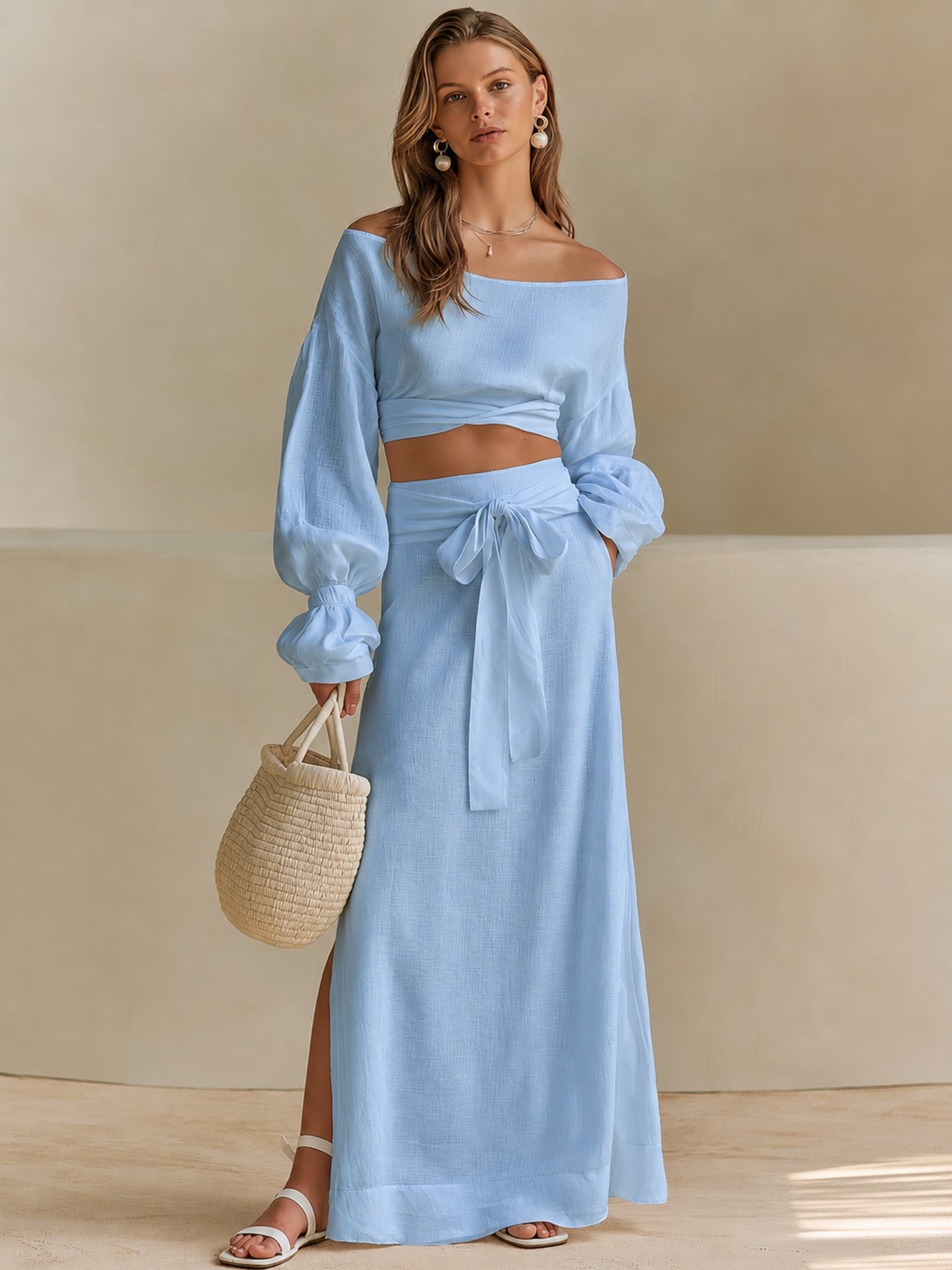 Elegant Sky Blue Linen Blend Set: Off-Shoulder Crop Top & Maxi Skirt
