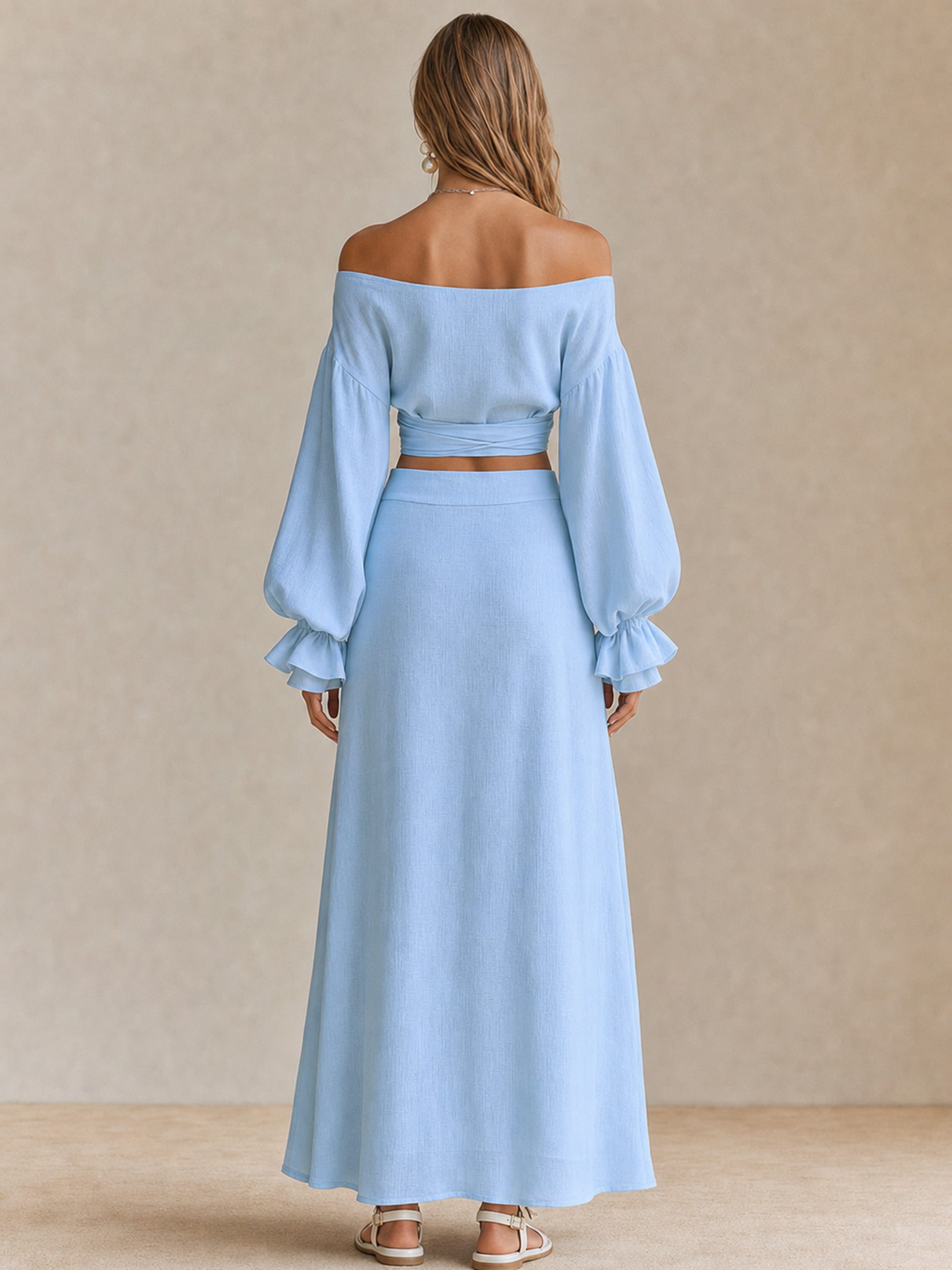 Elegant Sky Blue Linen Blend Set: Off-Shoulder Crop Top & Maxi Skirt
