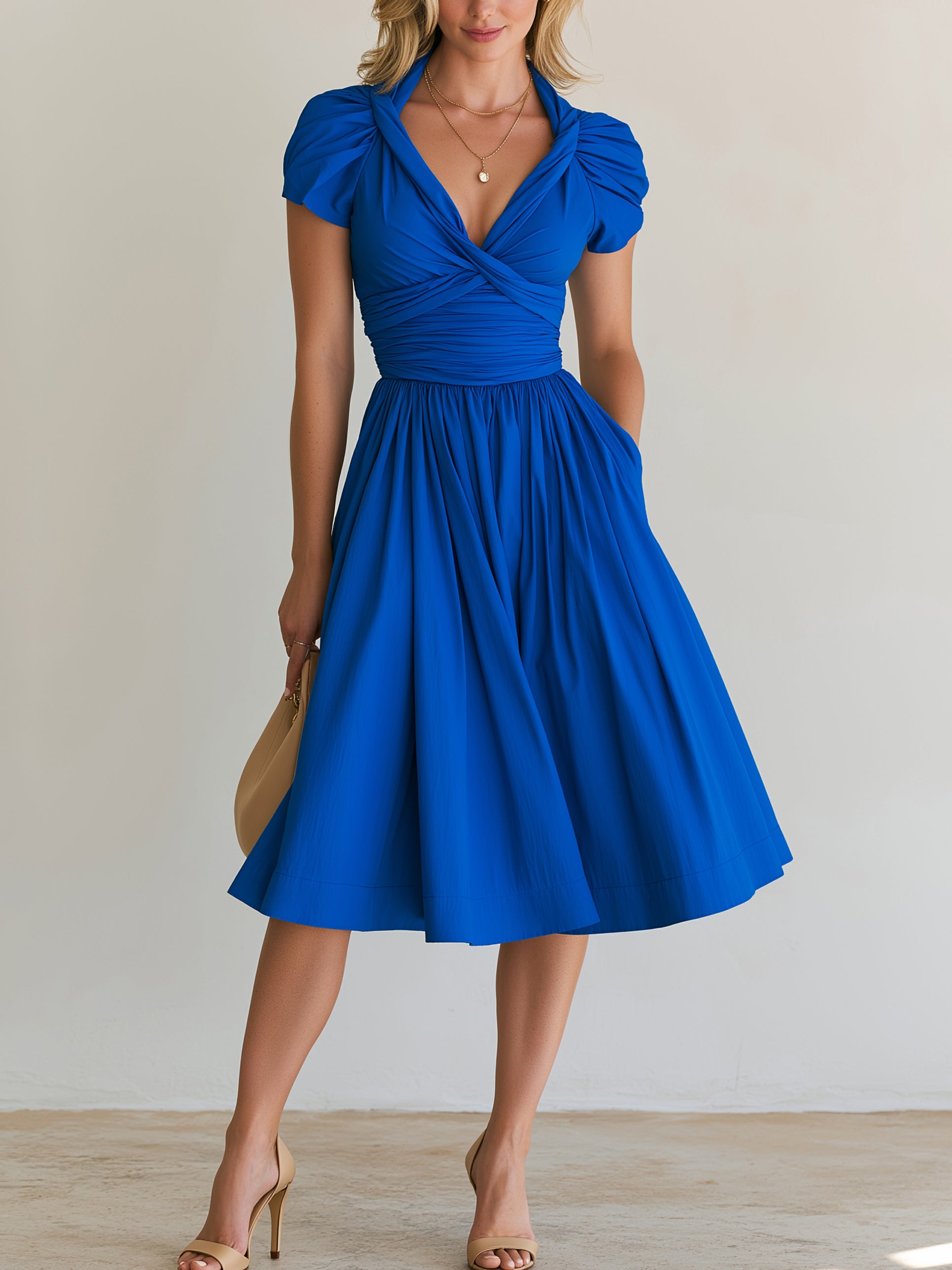 Elegant Cobalt Blue Twist V-Neck Midi Dress
