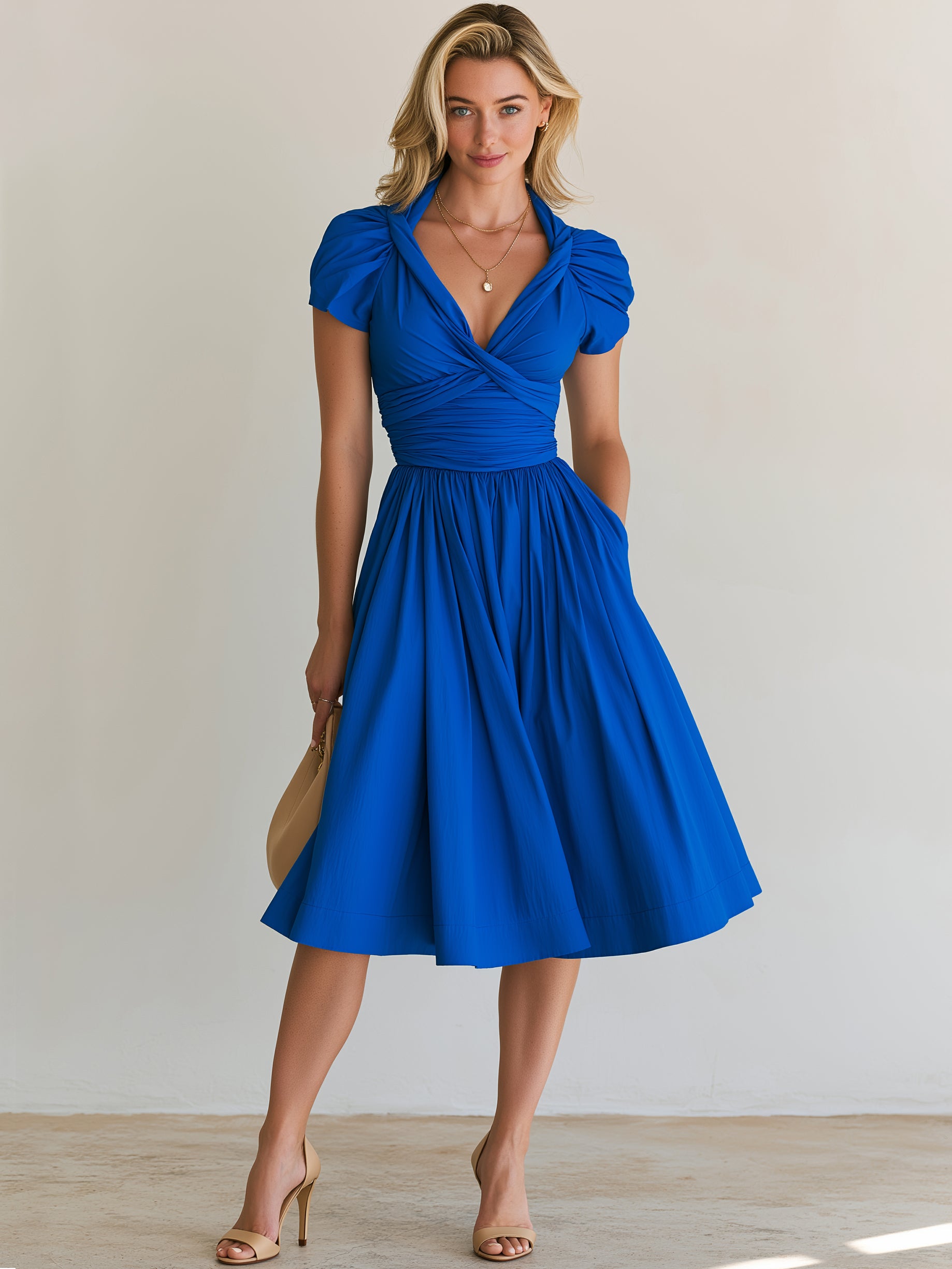Elegant Cobalt Blue Twist V-Neck Midi Dress