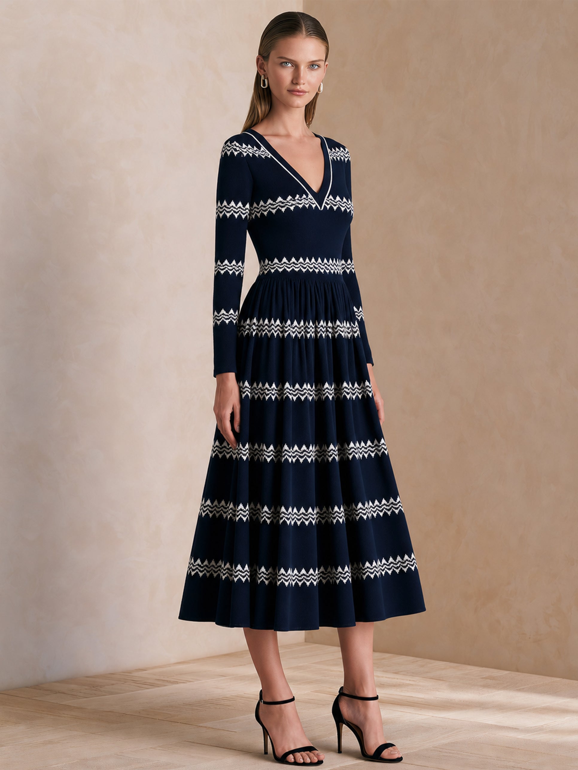 Navy V-Neck Knit Long Sleeve Midi Dress
