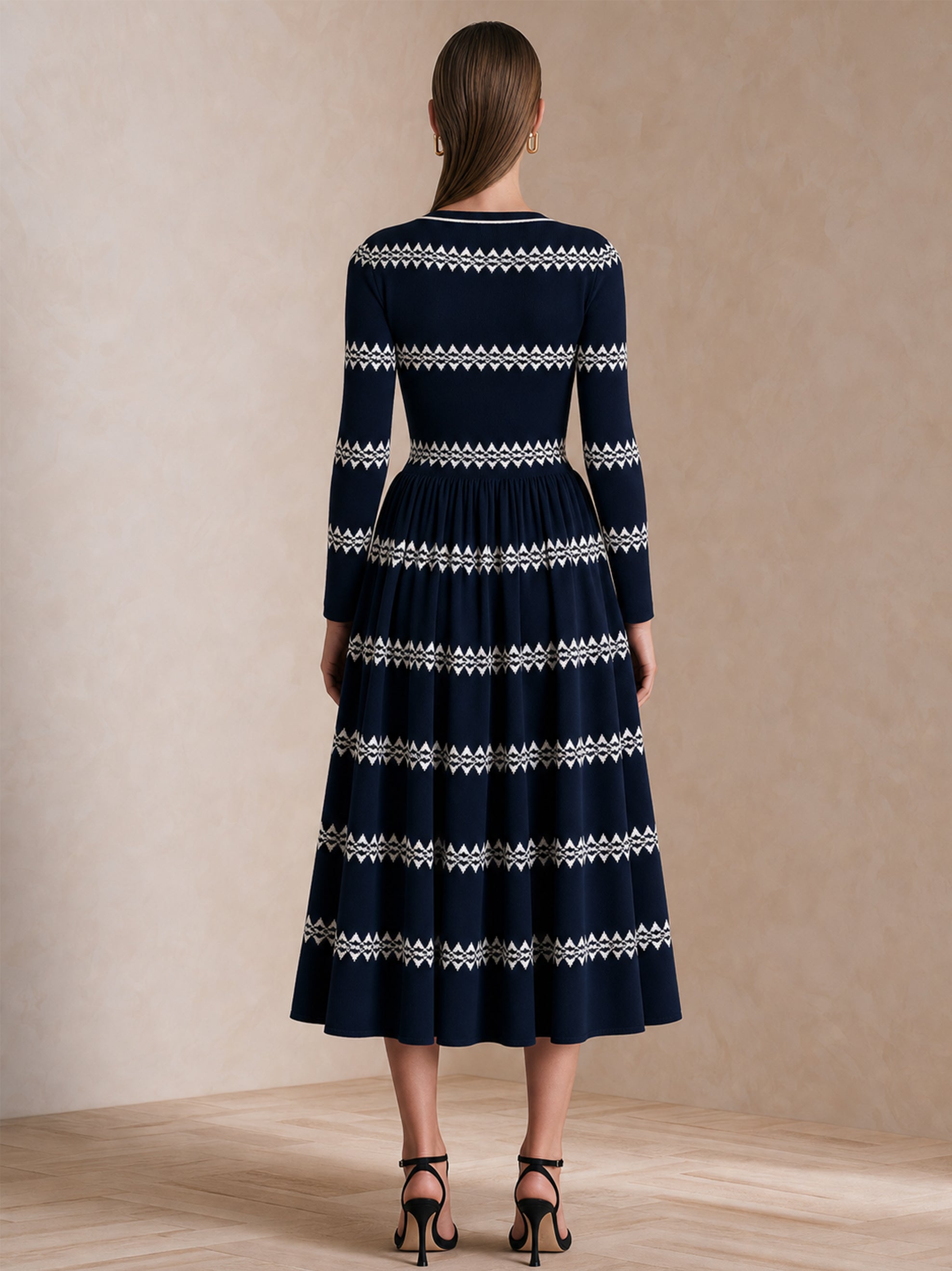 Navy V-Neck Knit Long Sleeve Midi Dress