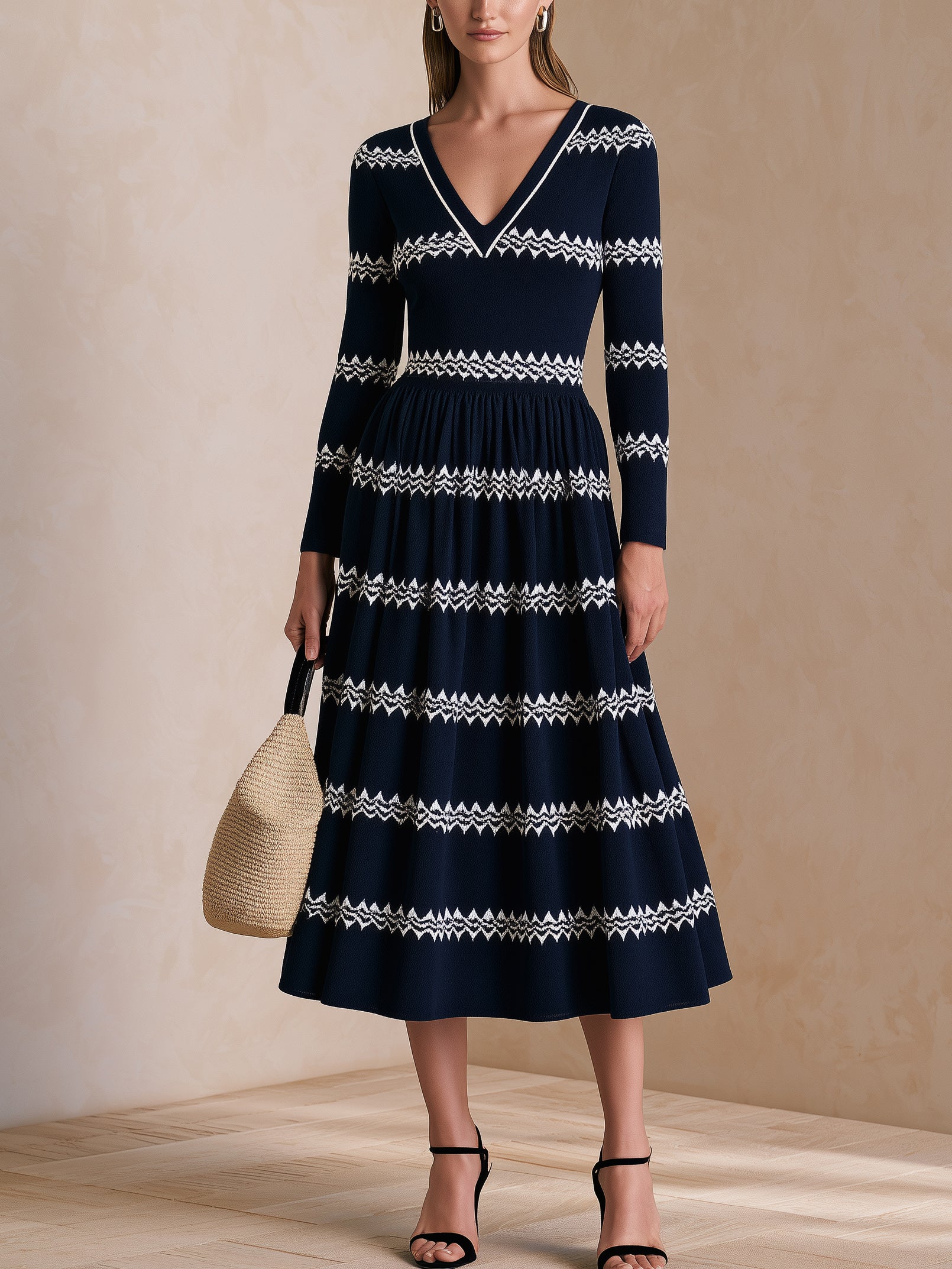 Navy V-Neck Knit Long Sleeve Midi Dress