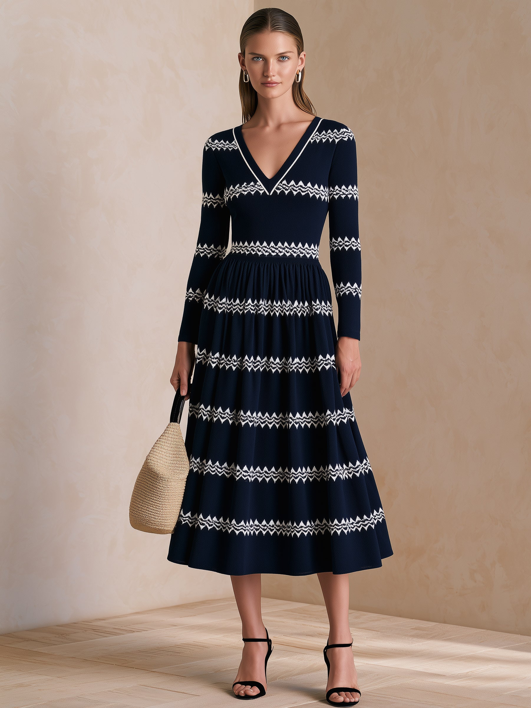 Navy V-Neck Knit Long Sleeve Midi Dress