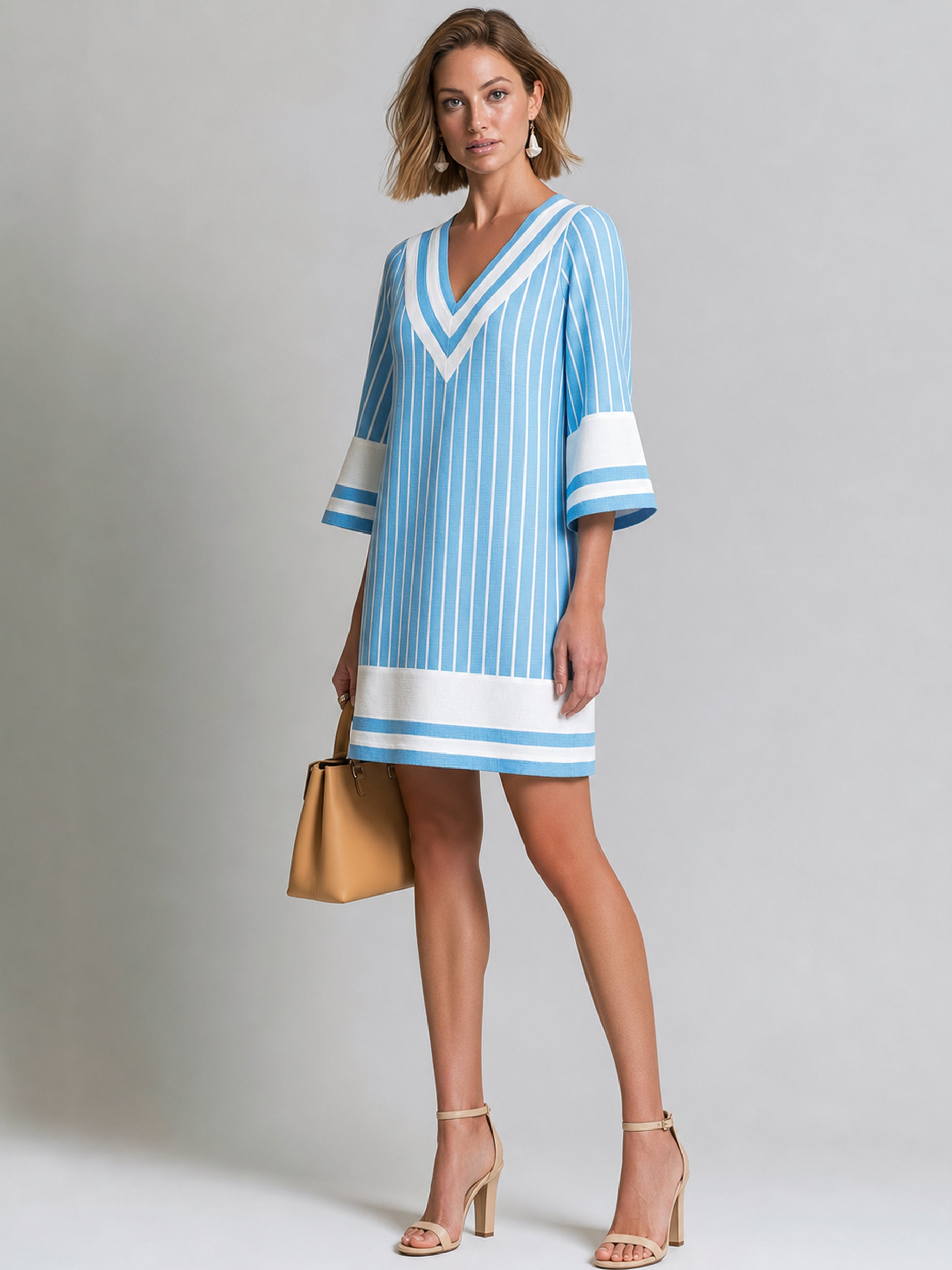 Elegant Sky Blue Vertical Stripe V-Neck Shift Dress