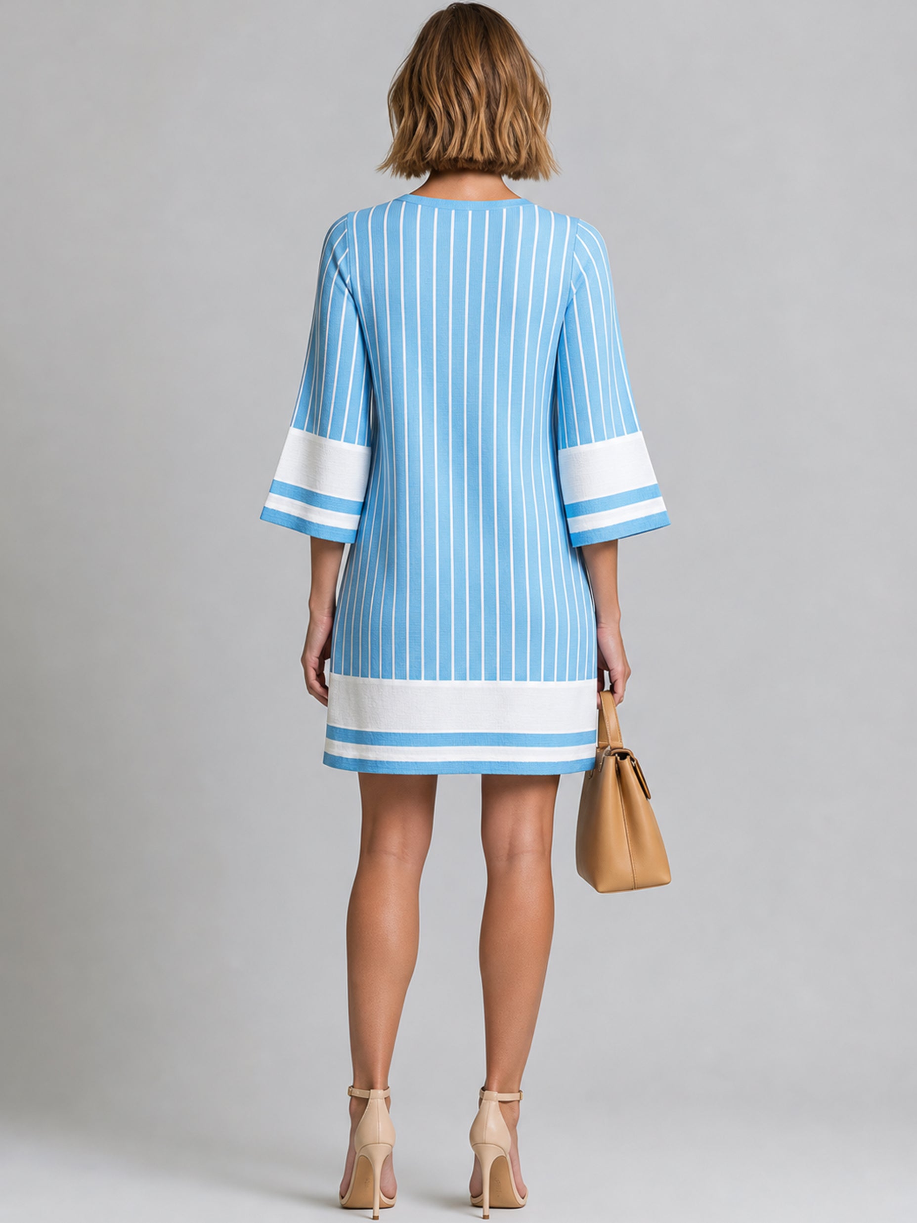 Elegant Sky Blue Vertical Stripe V-Neck Shift Dress