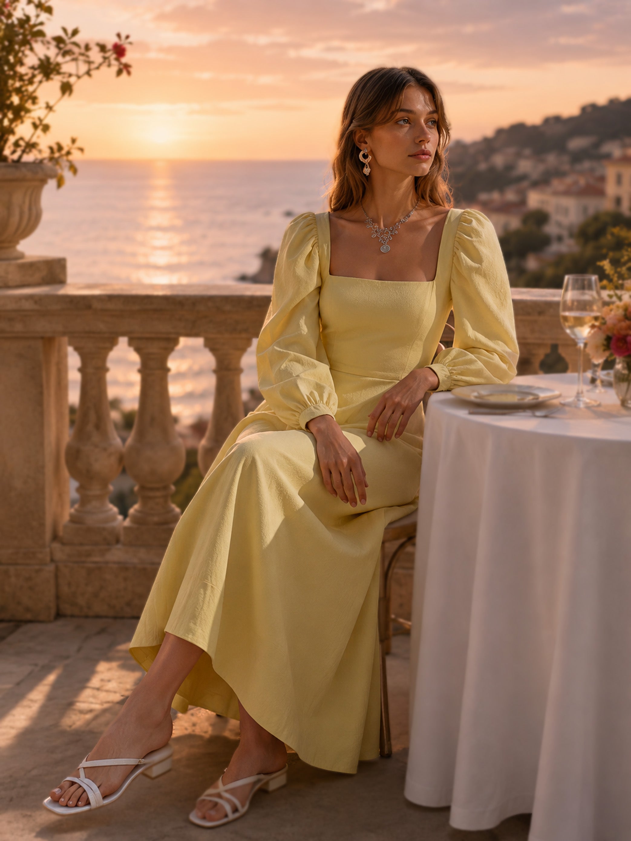 Elegant Pale Yellow Linen Blend Dress: Square Neck Maxi Dress