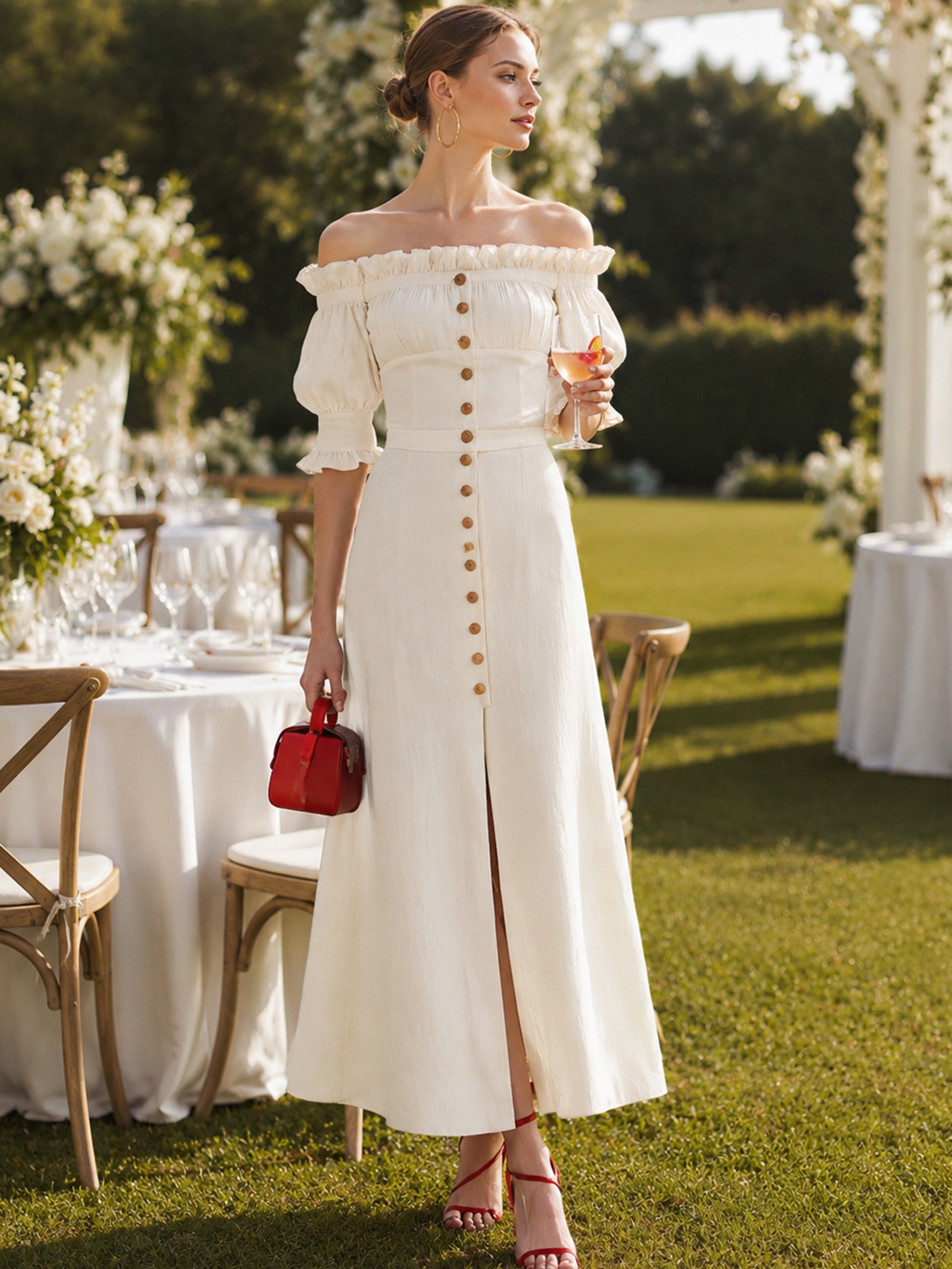 Relaxed Ivory Cold Shoulder Puff Sleeve Waisted Linen Dress