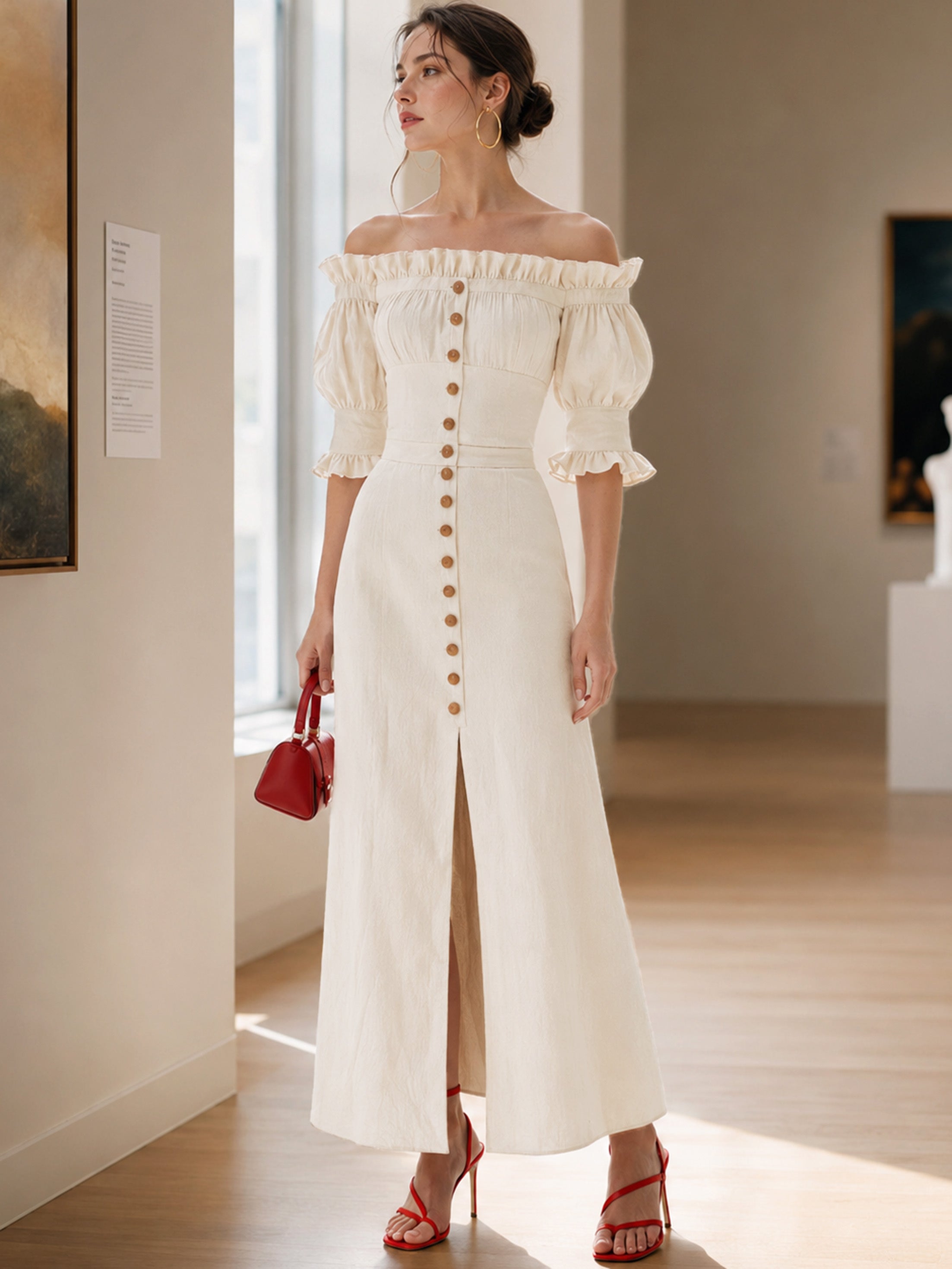Relaxed Ivory Cold Shoulder Puff Sleeve Waisted Linen Dress