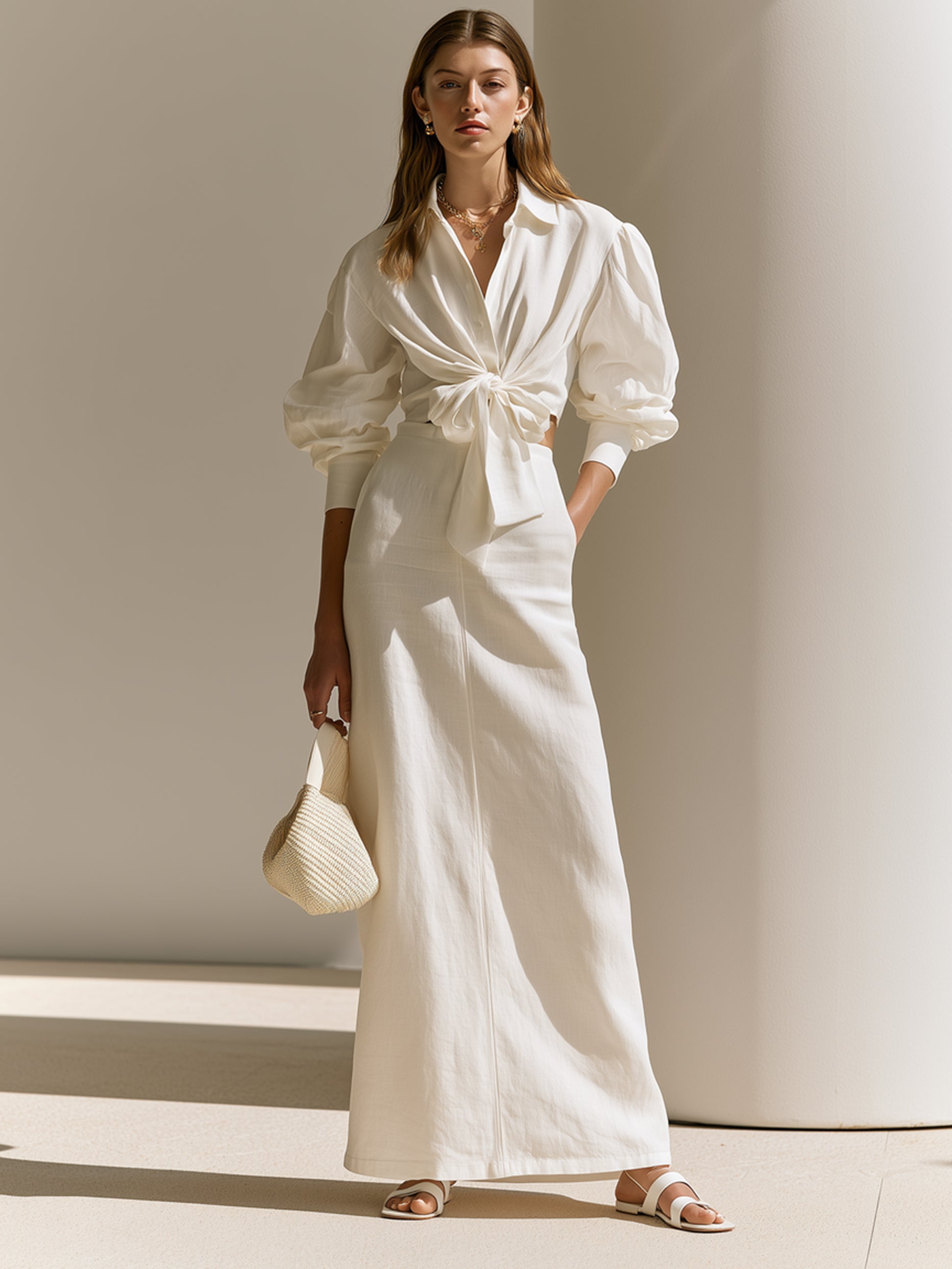 Elegant White Linen Blend Suit: Button-Up Shirt & Midi Skirt Set