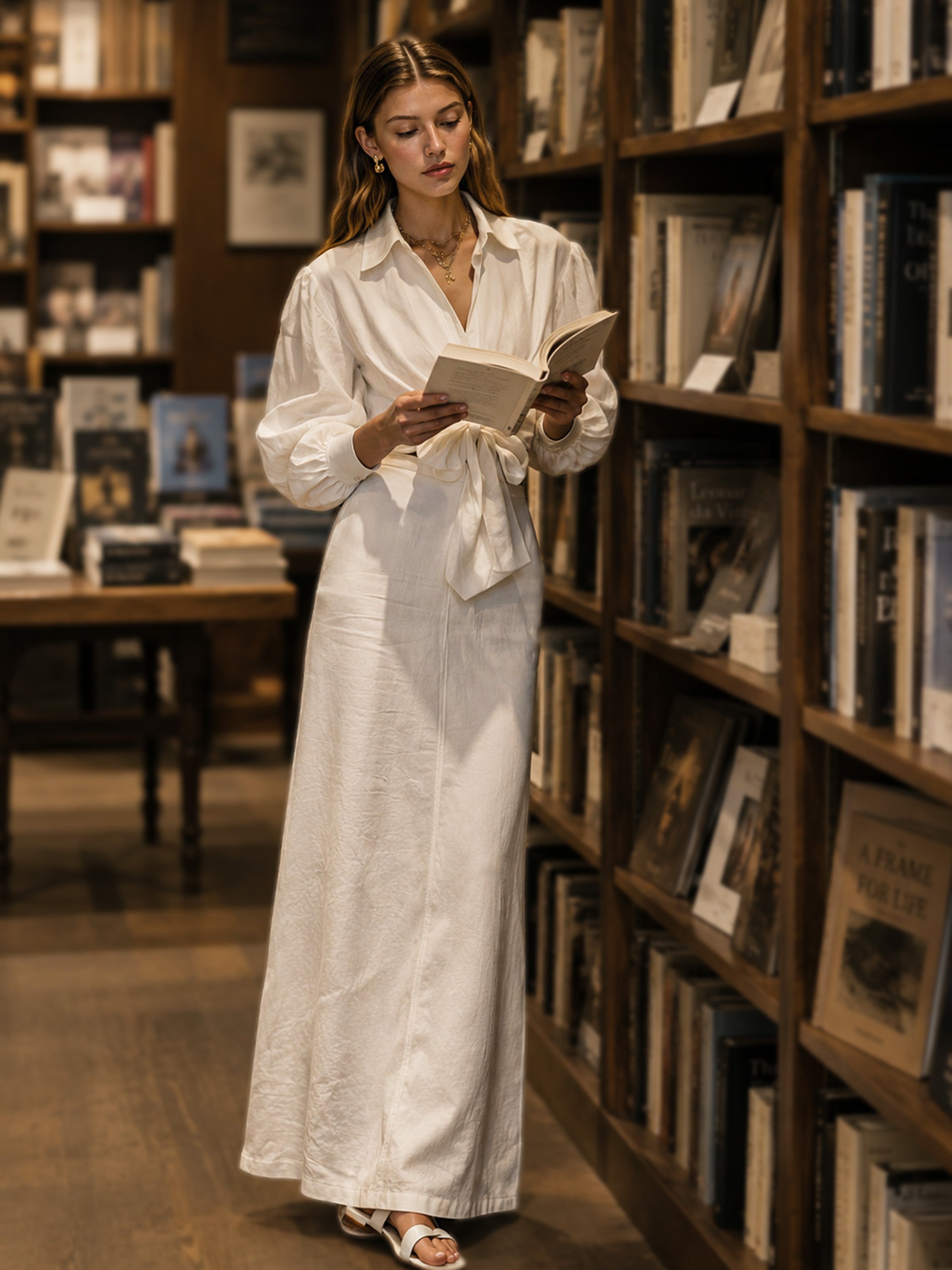 Elegant White Linen Blend Suit: Button-Up Shirt & Midi Skirt Set